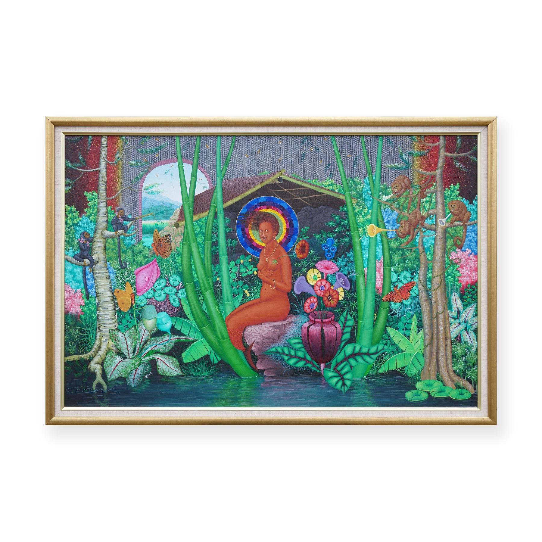 Colorful Tropical Jungle Landscape with Central Nude Female Figure - Painting by Michel-Ange Altidor