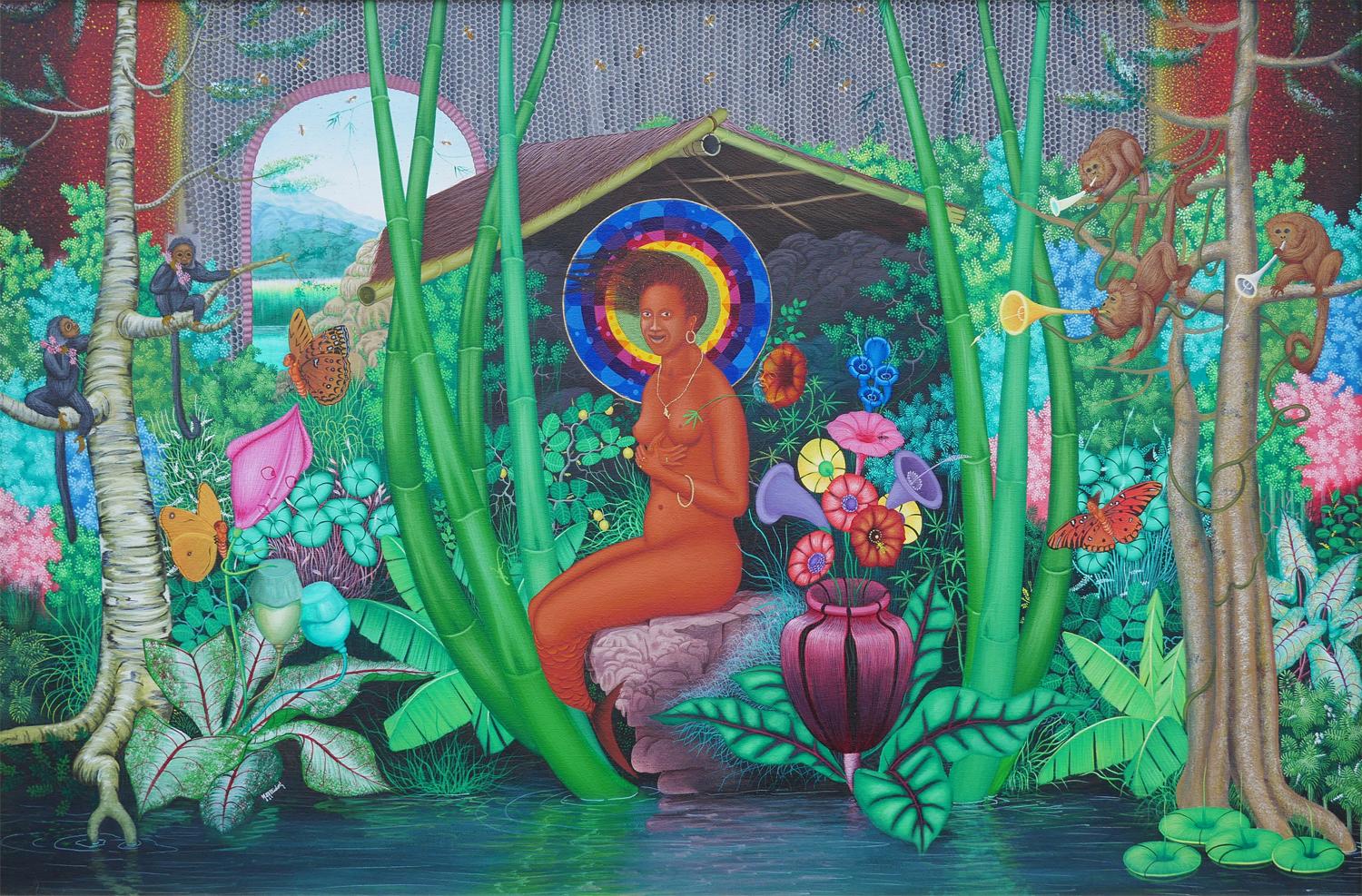 Colorful tropical jungle landscape painting by Haitian artist Michael-Ange. The work features a central nude female figure set next to a body of water and surrounded by lush vegetation, monkeys, and butterflies. Signed in the front lower left