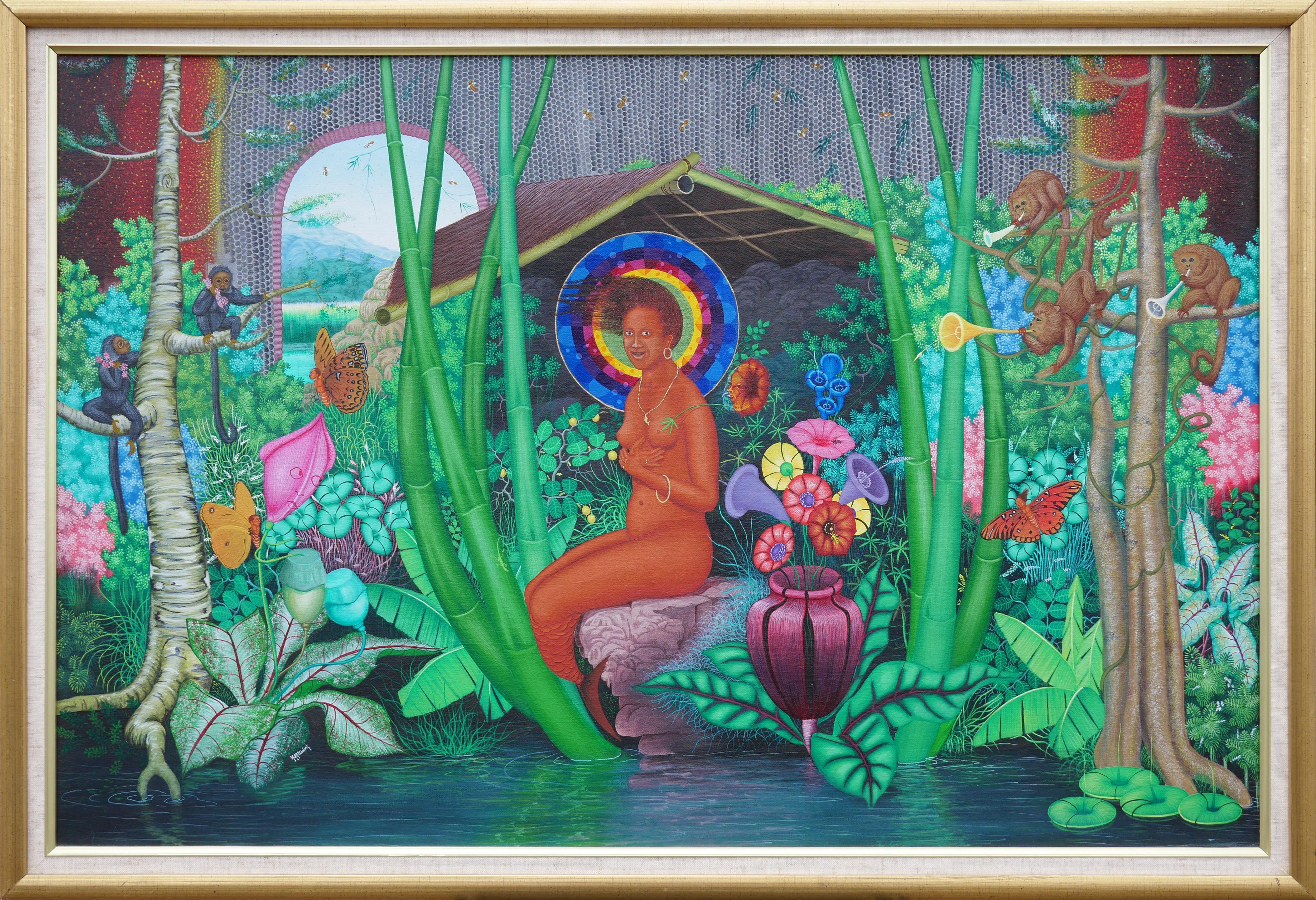 Michel-Ange Altidor Figurative Painting - Colorful Tropical Jungle Landscape with Central Nude Female Figure