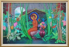 Colorful Tropical Jungle Landscape with Central Nude Female Figure