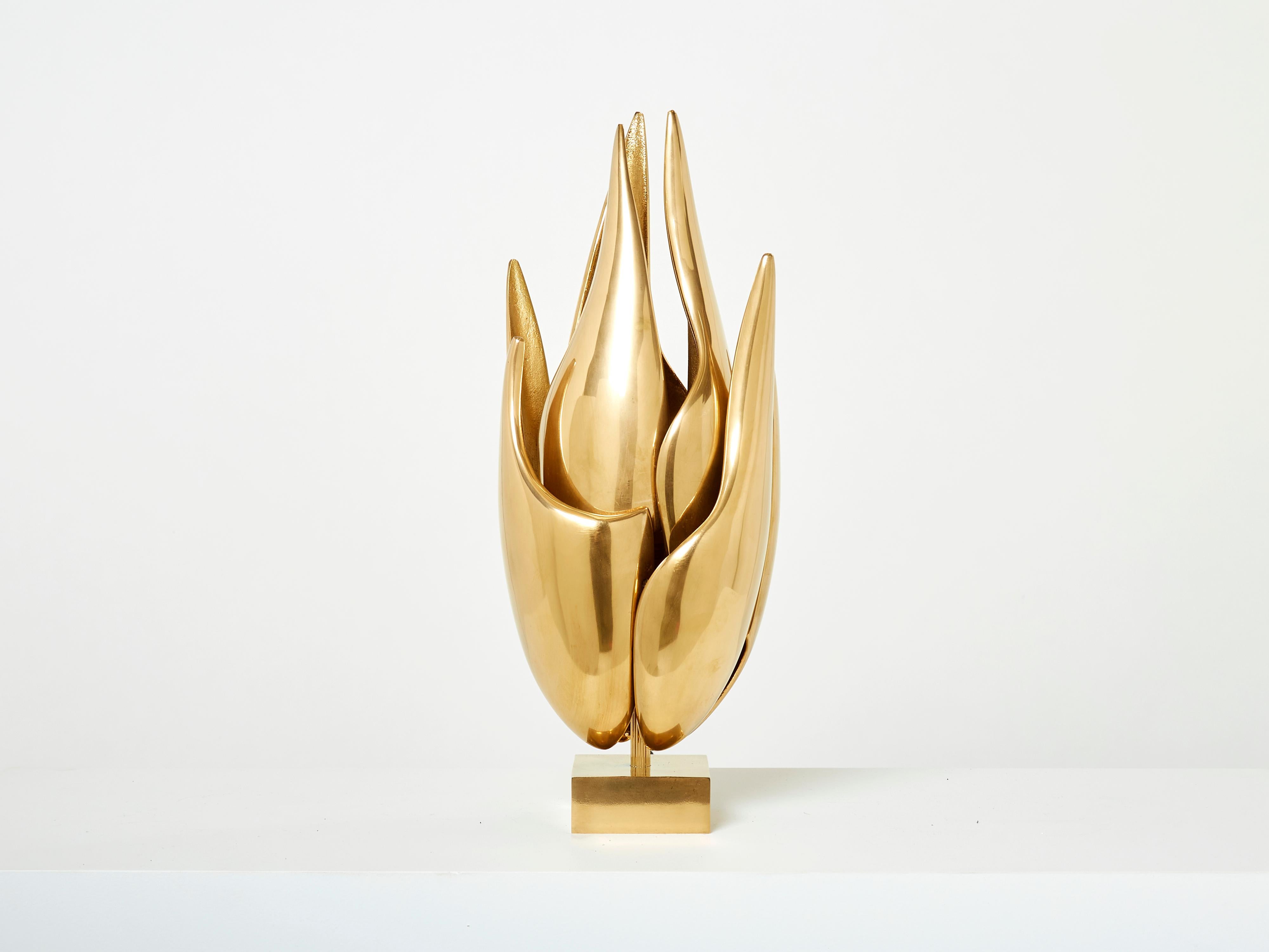 Michel Armand Gilt Bronze Modernist Flame Sculpture Table Lamp, 1970 For Sale 4