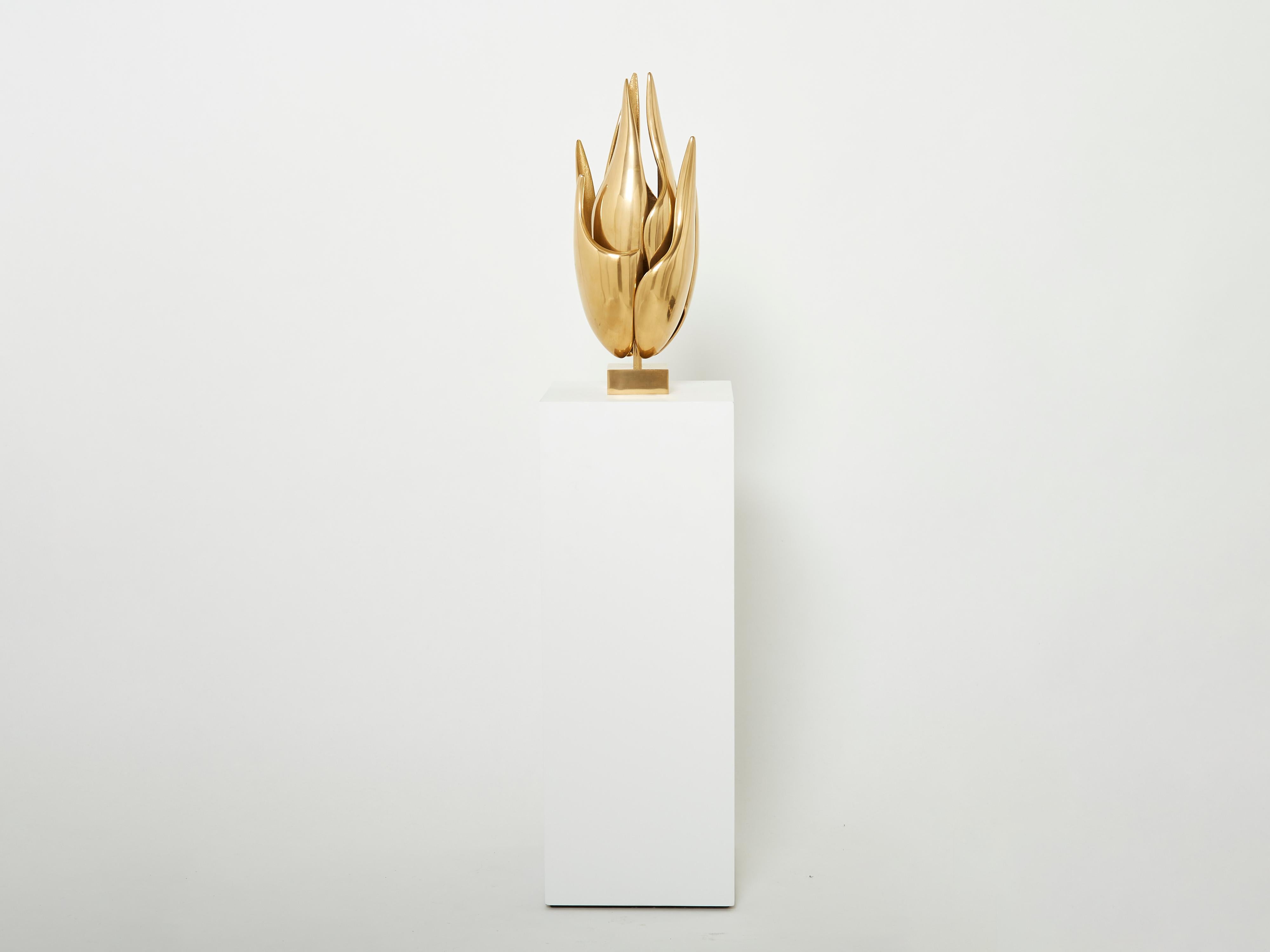 Michel Armand Gilt Bronze Modernist Flame Sculpture Table Lamp, 1970 For Sale 1