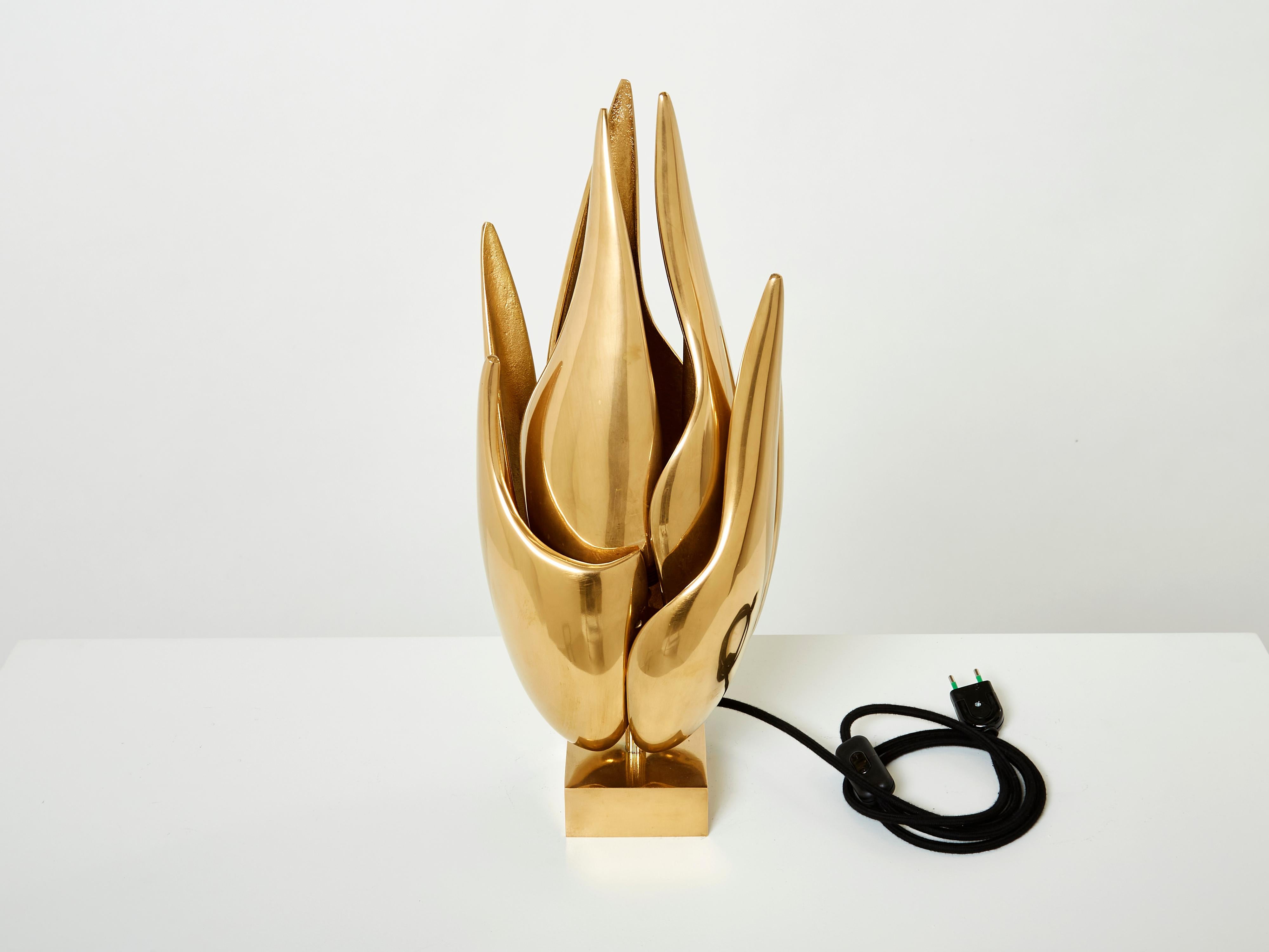 Michel Armand Gilt Bronze Modernist Flame Sculpture Table Lamp, 1970 For Sale 3