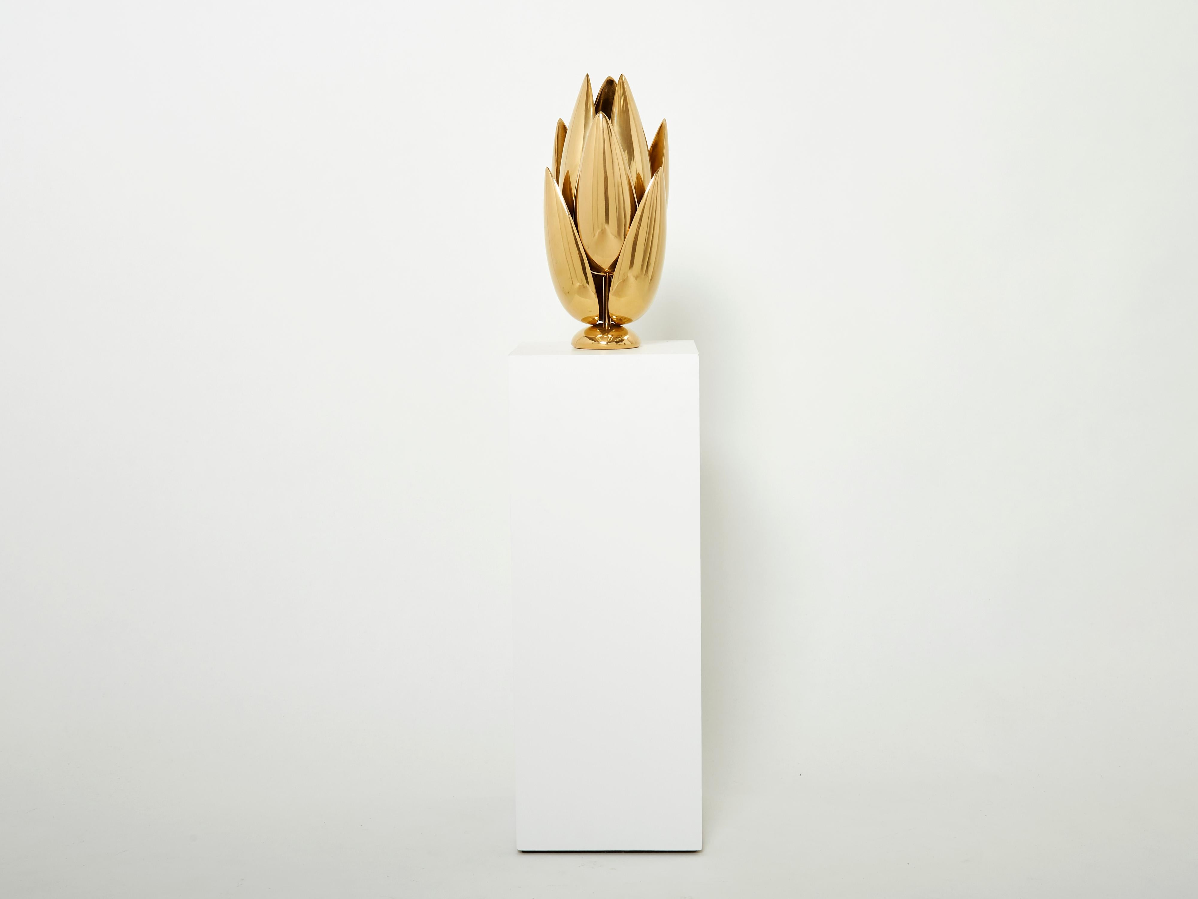 Late 20th Century Michel Armand Gilt Bronze Modernist Lotus Sculpture Table Lamp, 1970 For Sale