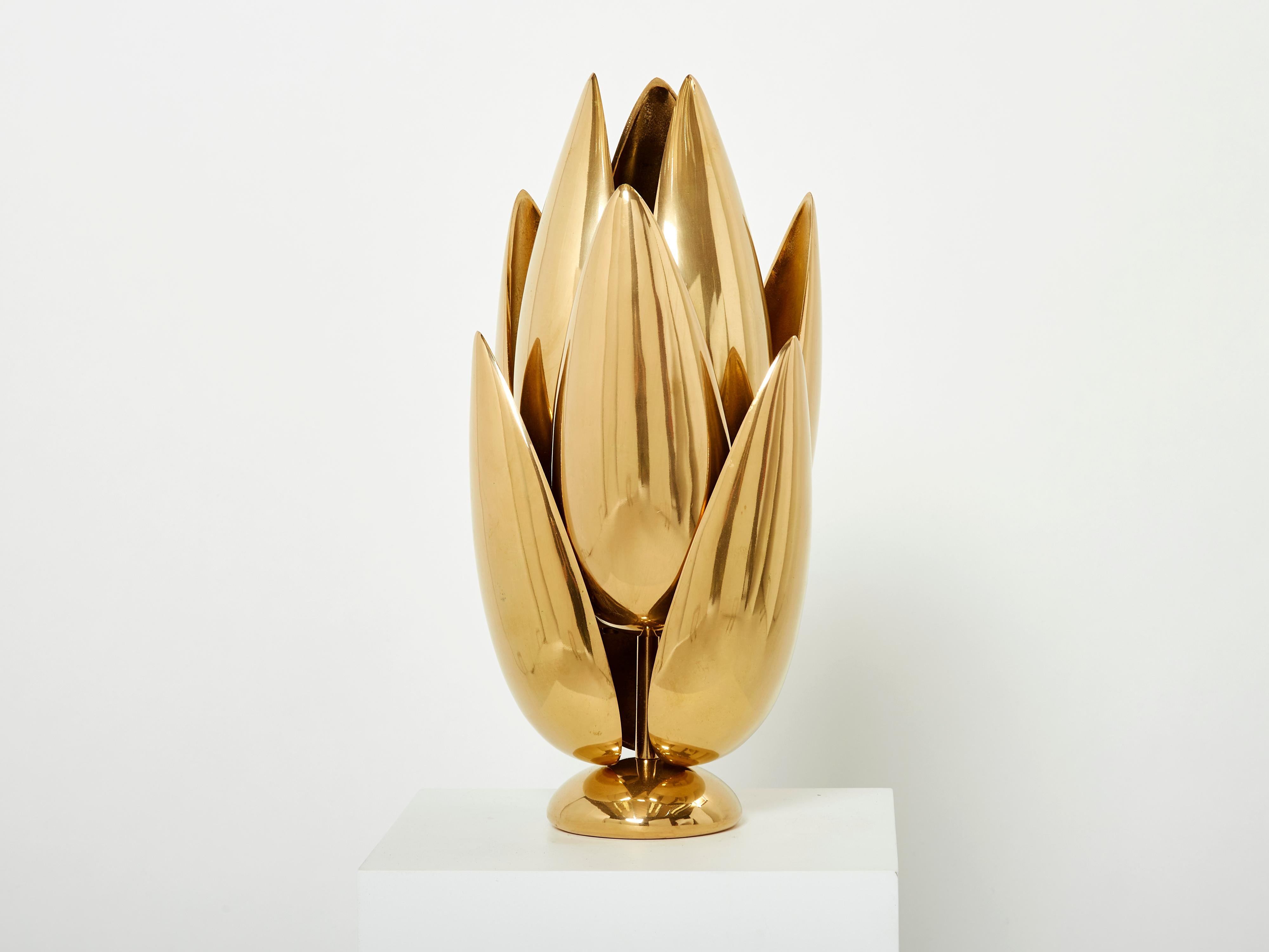 Michel Armand Gilt Bronze Modernist Lotus Sculpture Table Lamp, 1970 For Sale 2