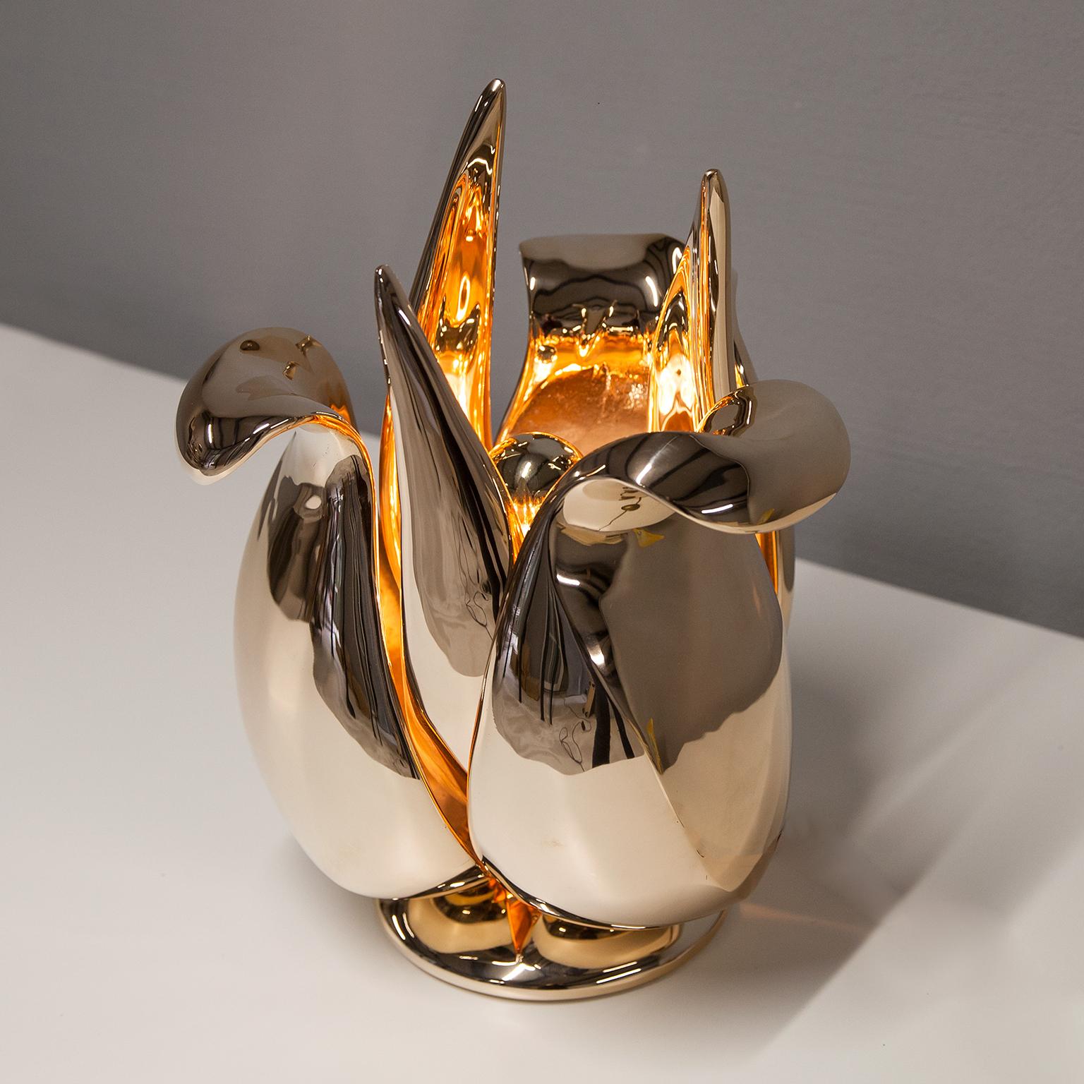 Michel Armand Golden Bronze Flower Table Lamp, France, 1970s In Excellent Condition For Sale In Munich, DE
