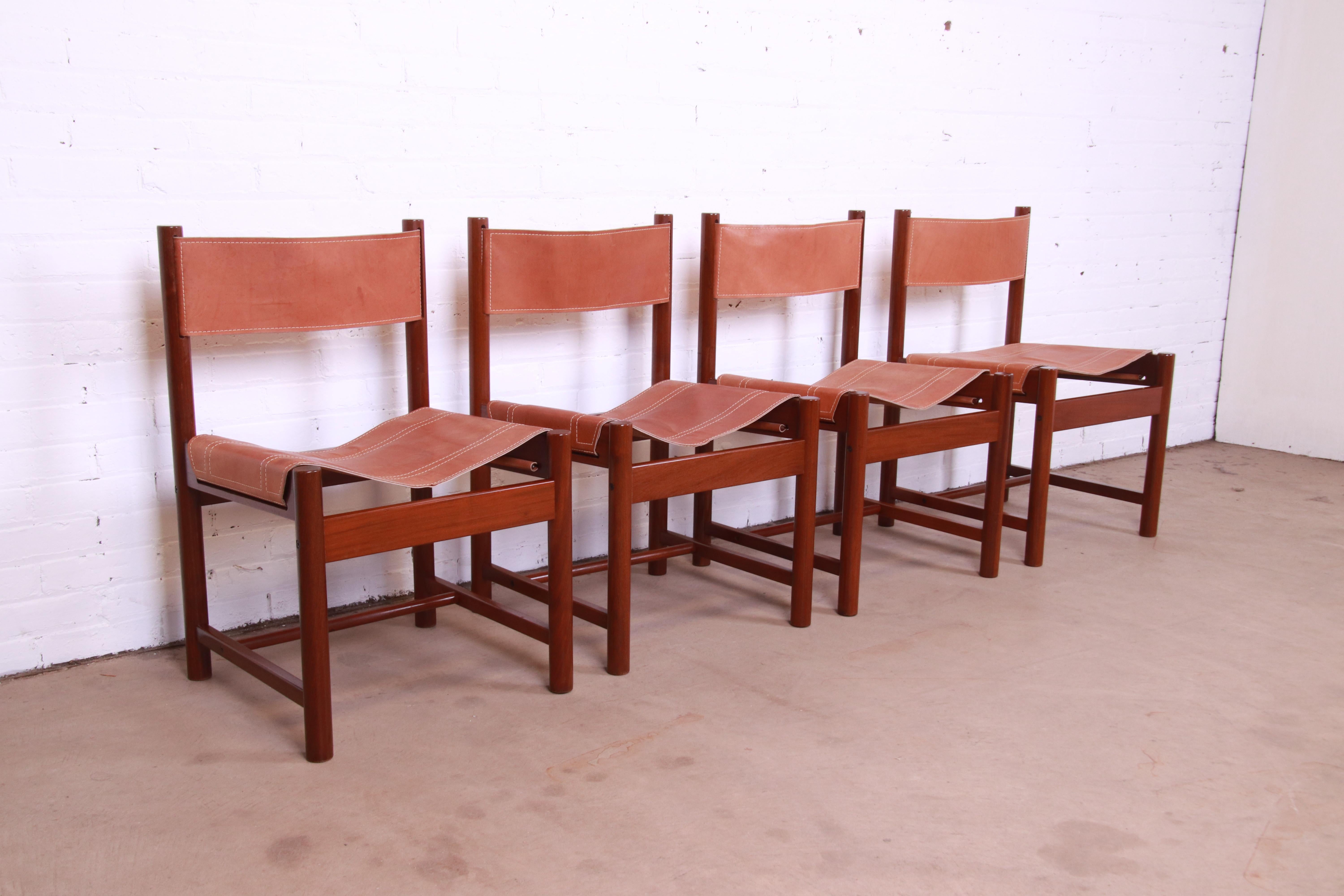Michel Arnoult Brazilian Rosewood and Leather Sling Dining Chairs, Set of Four In Good Condition In South Bend, IN