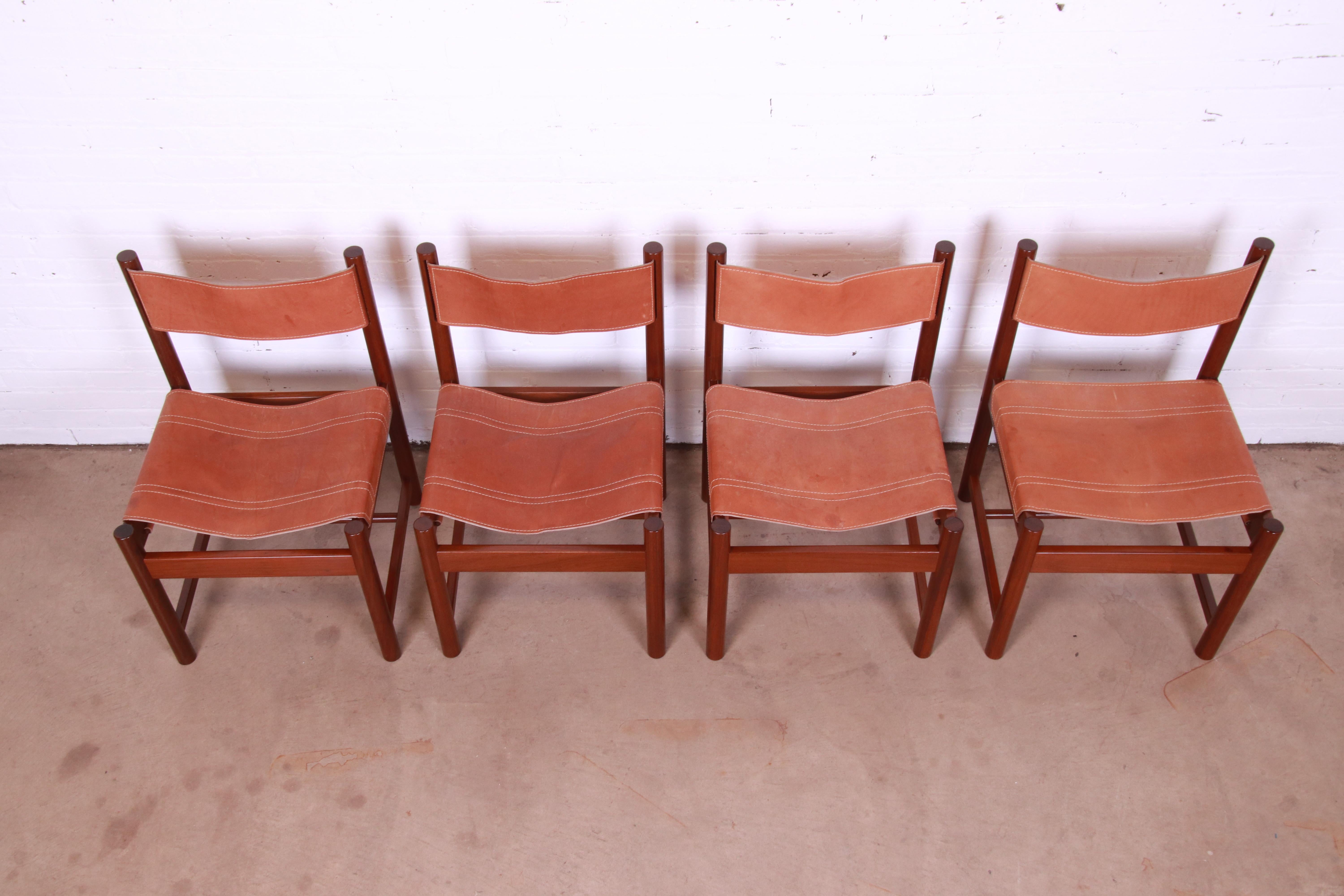 Late 20th Century Michel Arnoult Brazilian Rosewood and Leather Sling Dining Chairs, Set of Four