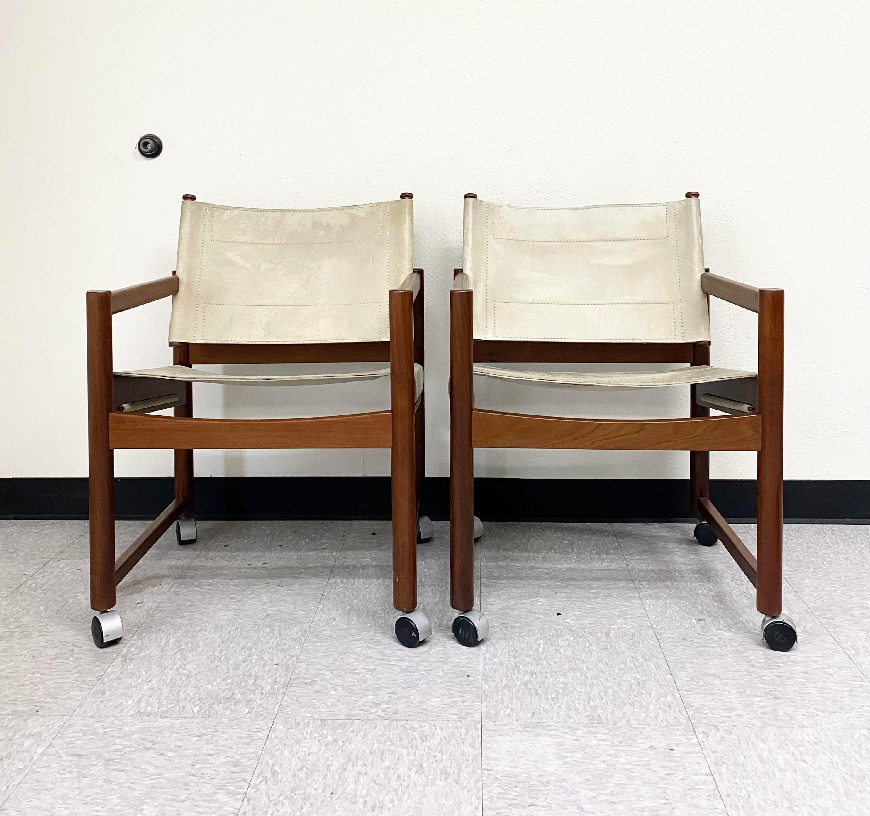 Brazilian Michel Arnoult Leather + Imbuia Pair Chairs (Brazil) For Sale