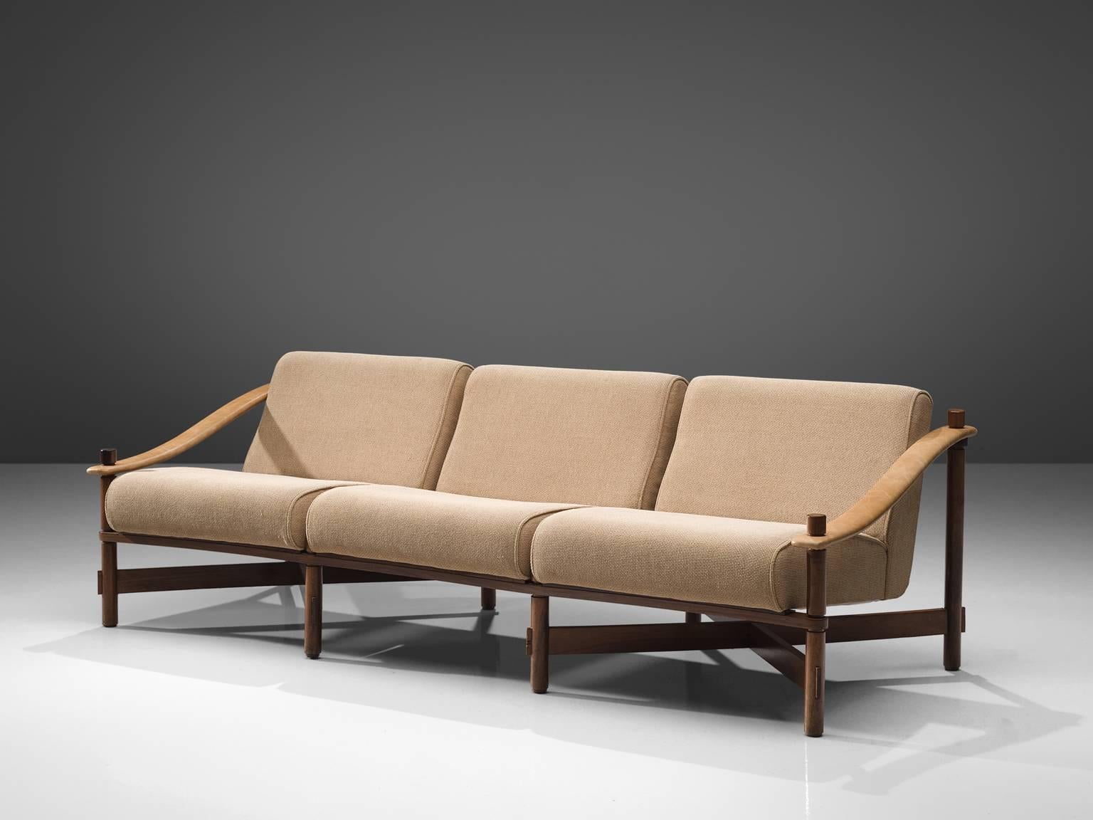 Mid-Century Modern Michel Arnoult Sofa in Solid Rosewood and Leather Arms
