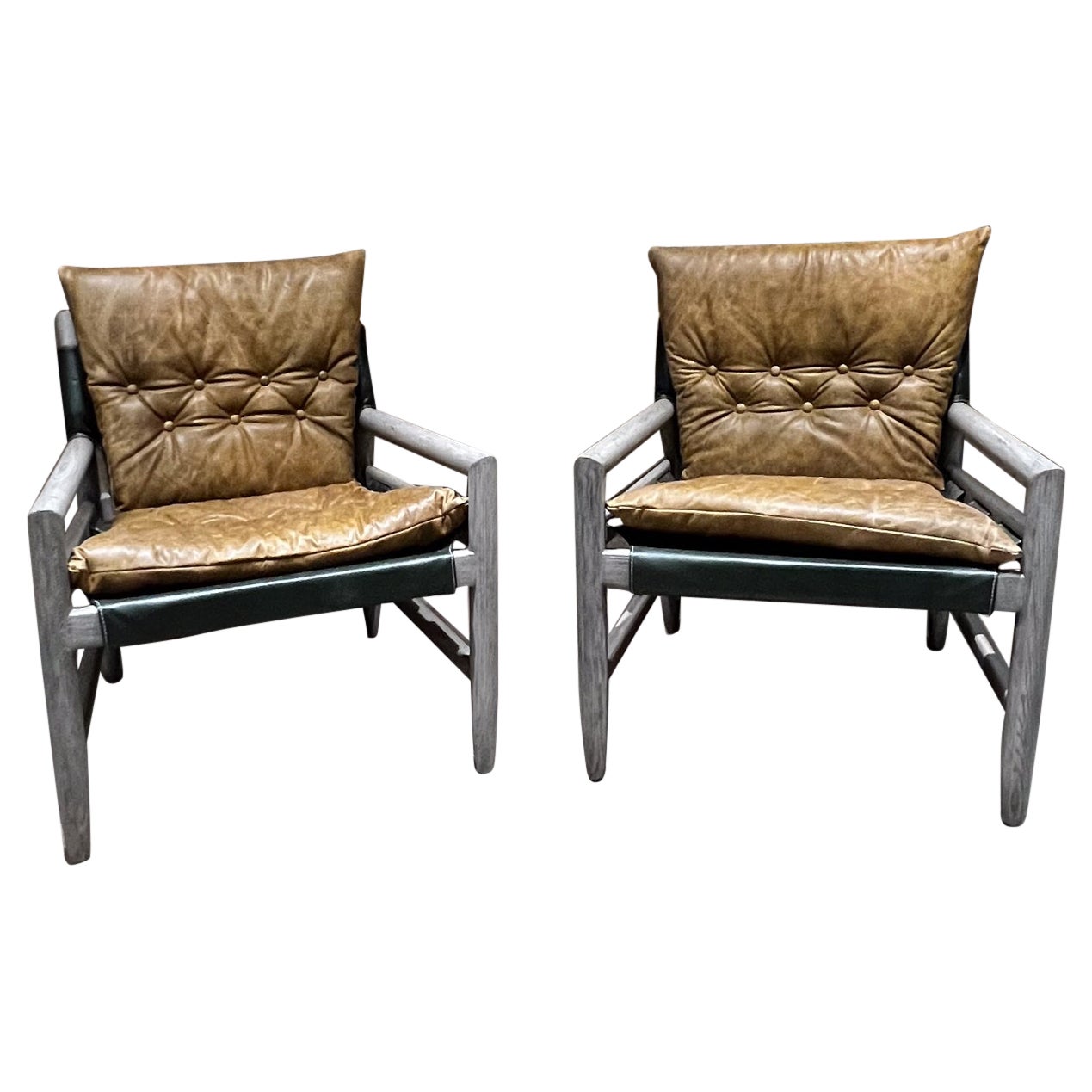 Michel Arnoult Style , Safari Gray Oak Lounge Chairs 1960s