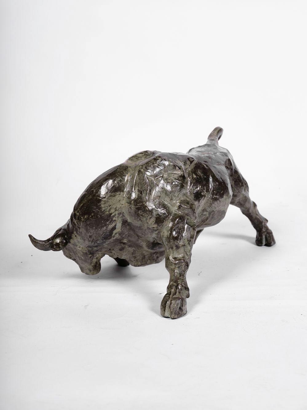 This sculpture, created in 2018, made of brown patinated bronze (unique differentiated patine for each piece), thanks to the lost wax process, represents a massive bull in a strong moving position. 

Numbered scultpure limited to 12 pieces, signed