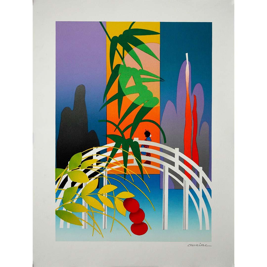 Cette lithographie originale datant de 1970 du célèbre affichiste français Michel Auriac incarne la sophistication ludique du graphisme d'après-guerre, avec un flair pour les paysages surréalistes et l'harmonie des couleurs vibrantes. Connu pour son