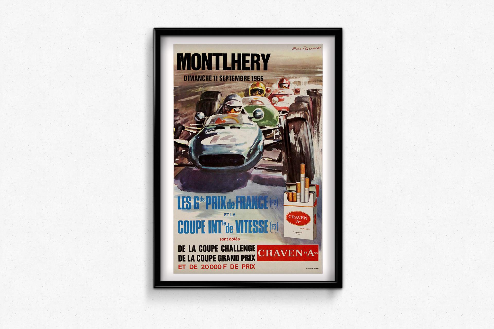 Este cartel original de 1966, diseñado por Beligond, promociona el Gran Premio de Francia (F2) y la Coupe Internationale de Vitesse (F3), celebrados en el legendario circuito de Linas-Montlhéry el domingo 11 de septiembre de 1966. Verdadero