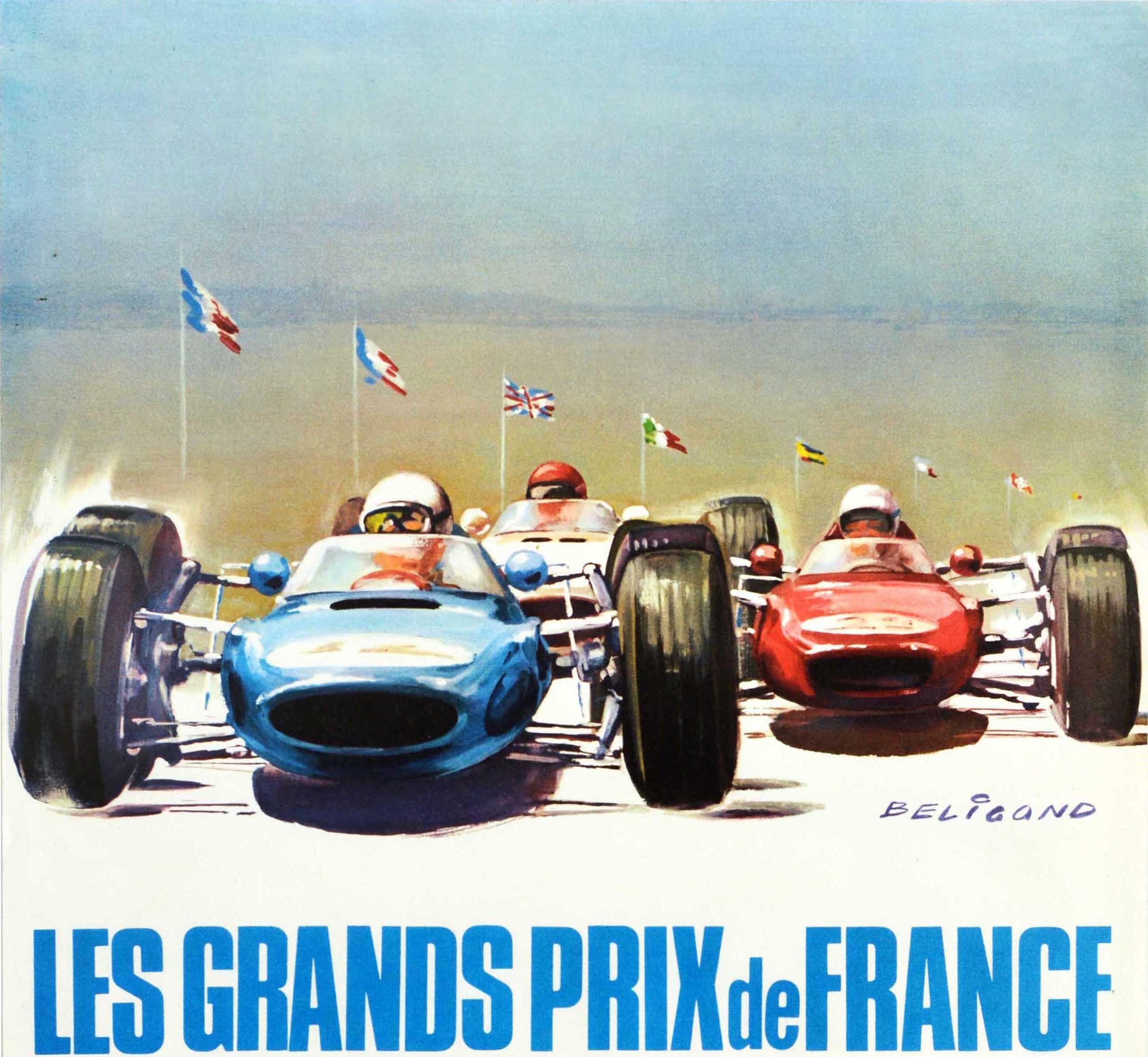 Original Vintage Poster Les Grands Prix De France Auto Racing F1 Cars Motorsport - Print by Michel Beligond