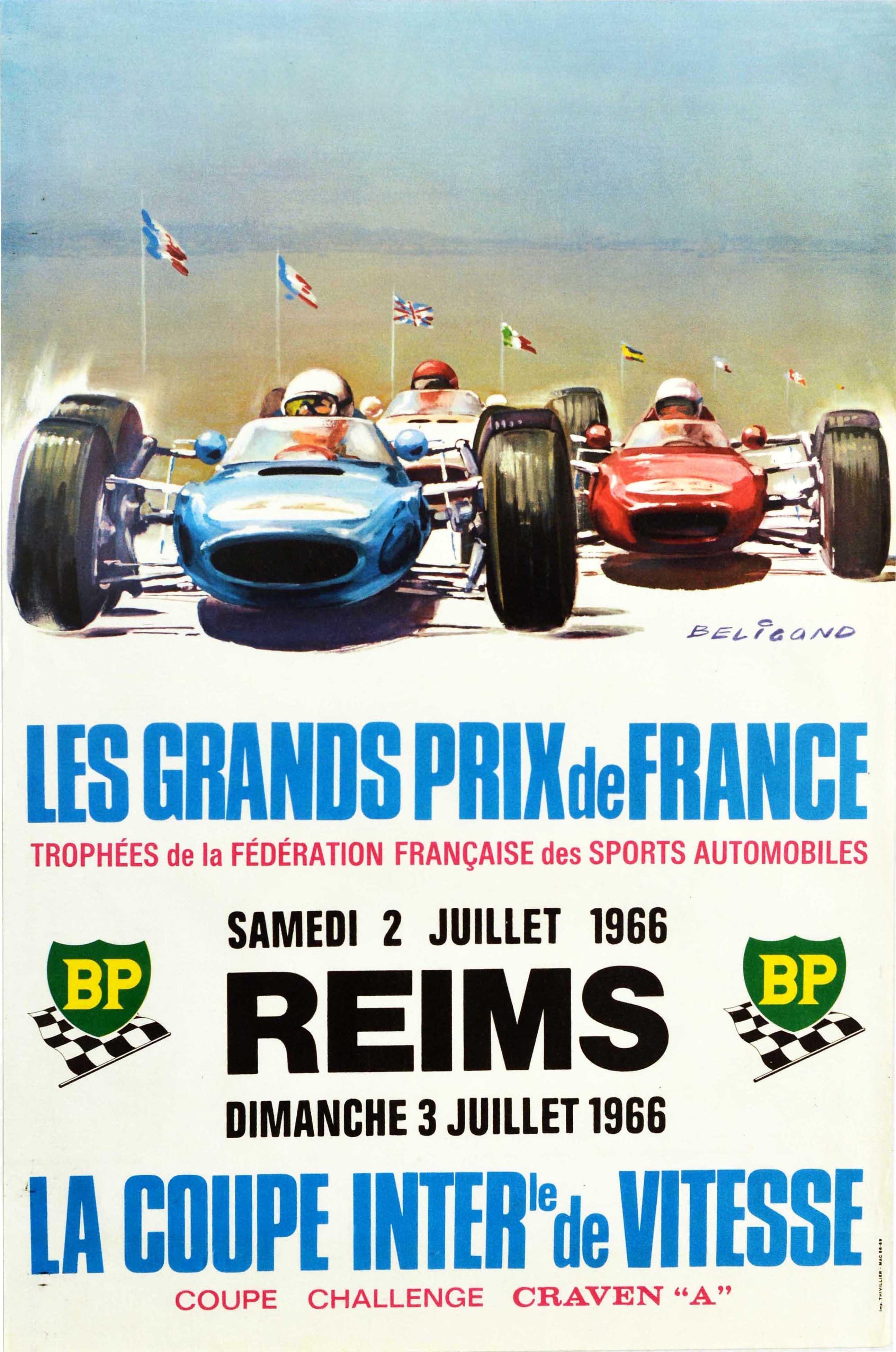 Michel Beligond Print - Original Vintage Poster Les Grands Prix De France Auto Racing F1 Cars Motorsport