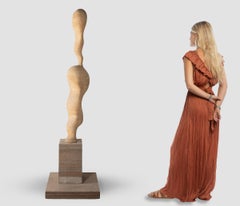 Michel Bérard, Abstract Stacked Wood Disc Sculpture on Wooden Base, circa 1970s
