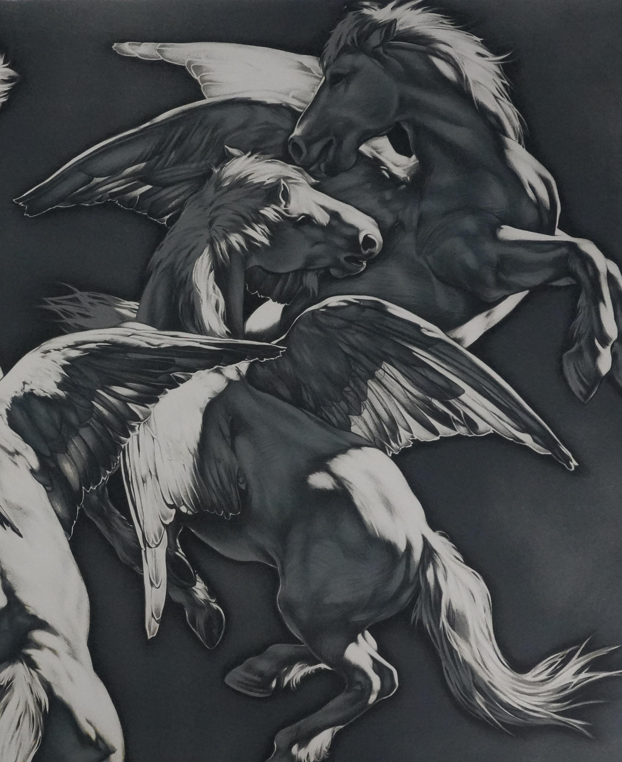 Pegasus - Lithograph Original Handsigned - Black Animal Print by Michel Bez