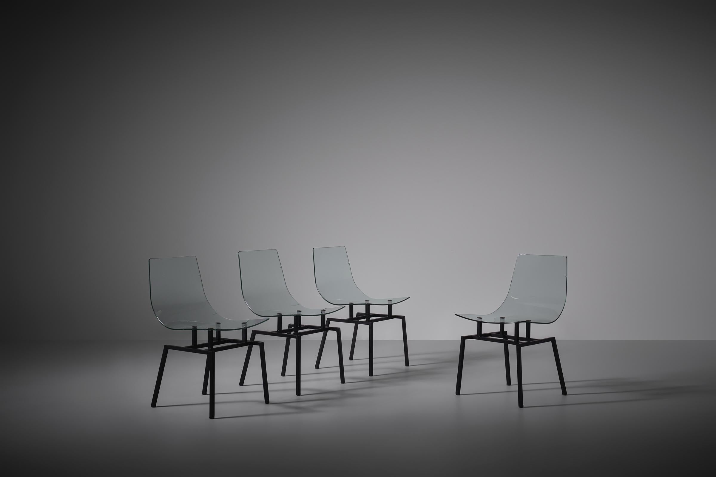 French Michel Blondeau set of four 'verre securit' chairs, France 1958 For Sale