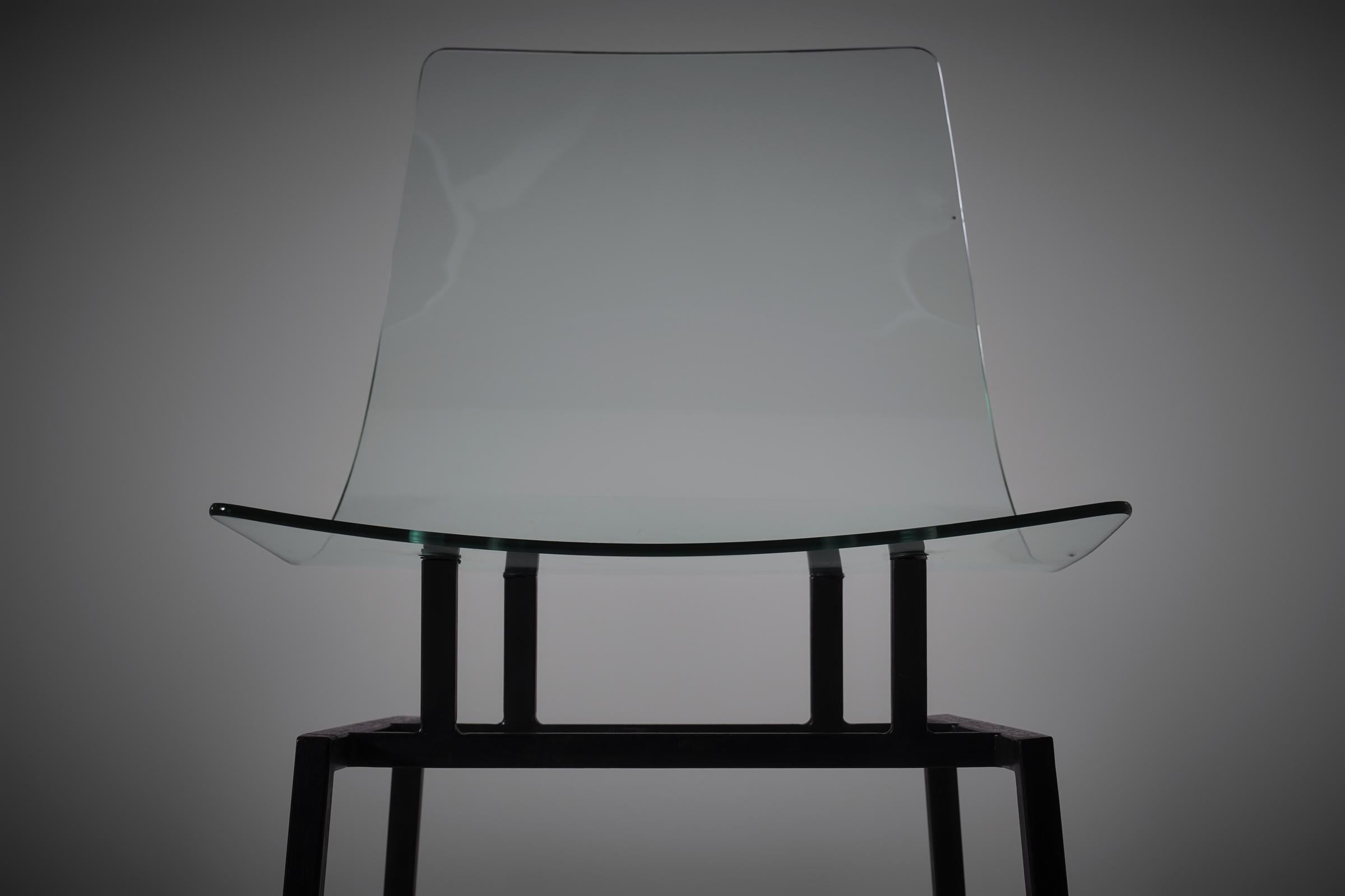 Metal Michel Blondeau set of four 'verre securit' chairs, France 1958 For Sale