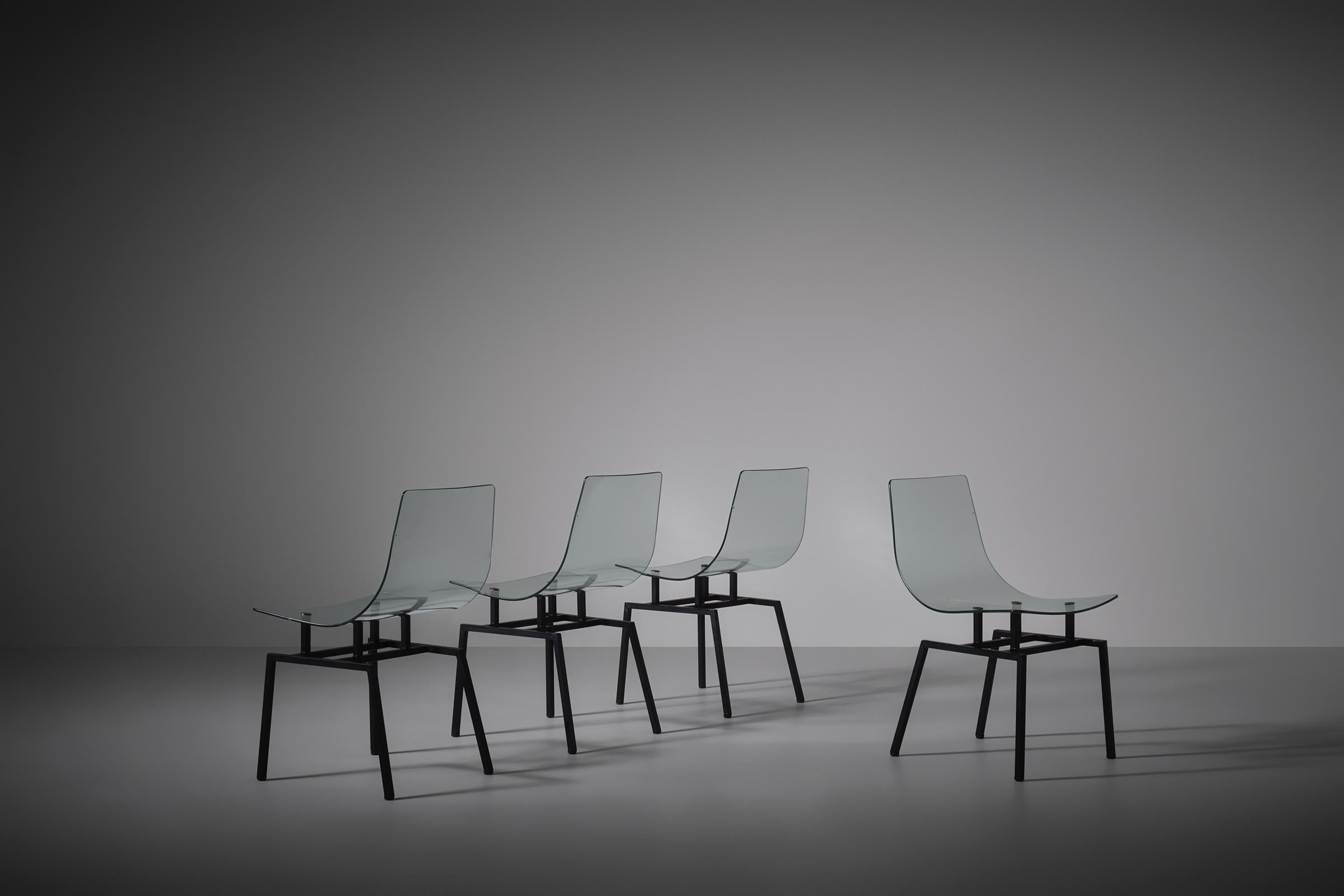 Michel Blondeau set of four 'verre securit' chairs, France 1958 For Sale 1