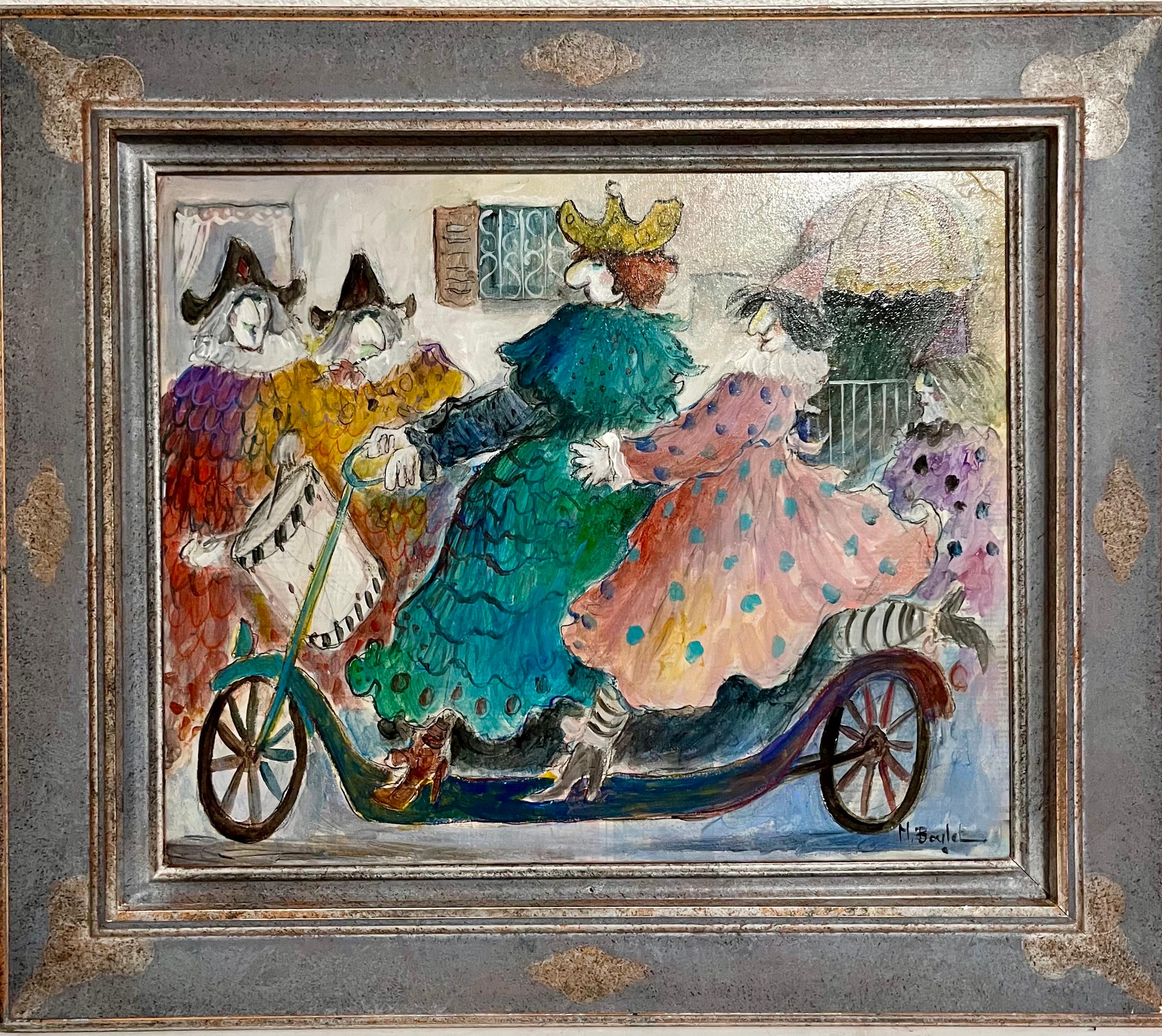 Charme dell'arte naif francese, clown in bicicletta Michel Boulet Folk Art Pittura ad olio in vendita 1