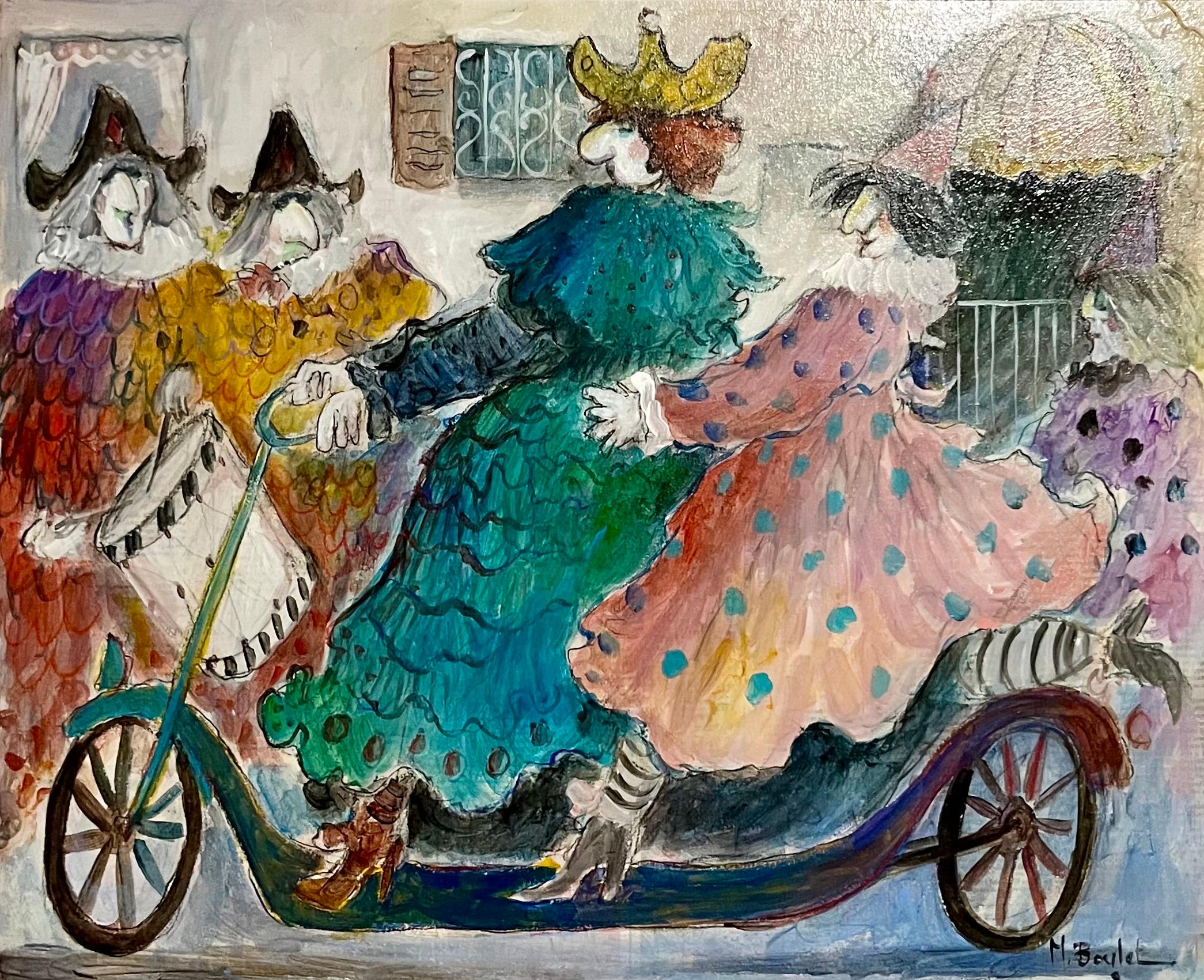 Charme dell'arte naif francese, clown in bicicletta Michel Boulet Folk Art Pittura ad olio in vendita 2