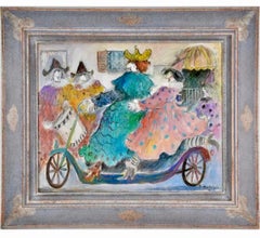 Charming French Naive Art, Clowns on Bicycle Michel Boulet Folk Art Oil Painting