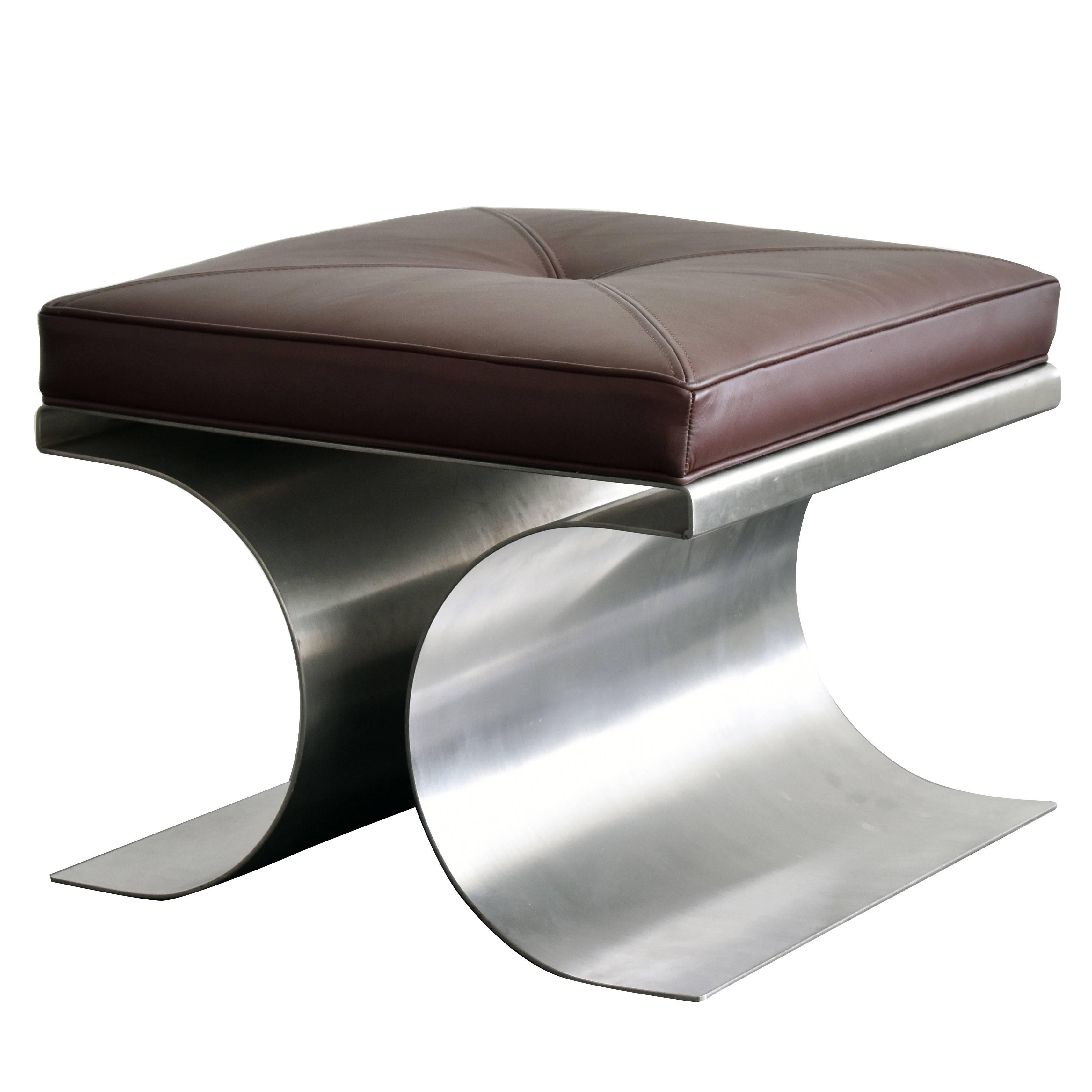 Michel Boyer, "X" Stool, Stainless Steel and Brown Leather Cushion, 1968, French