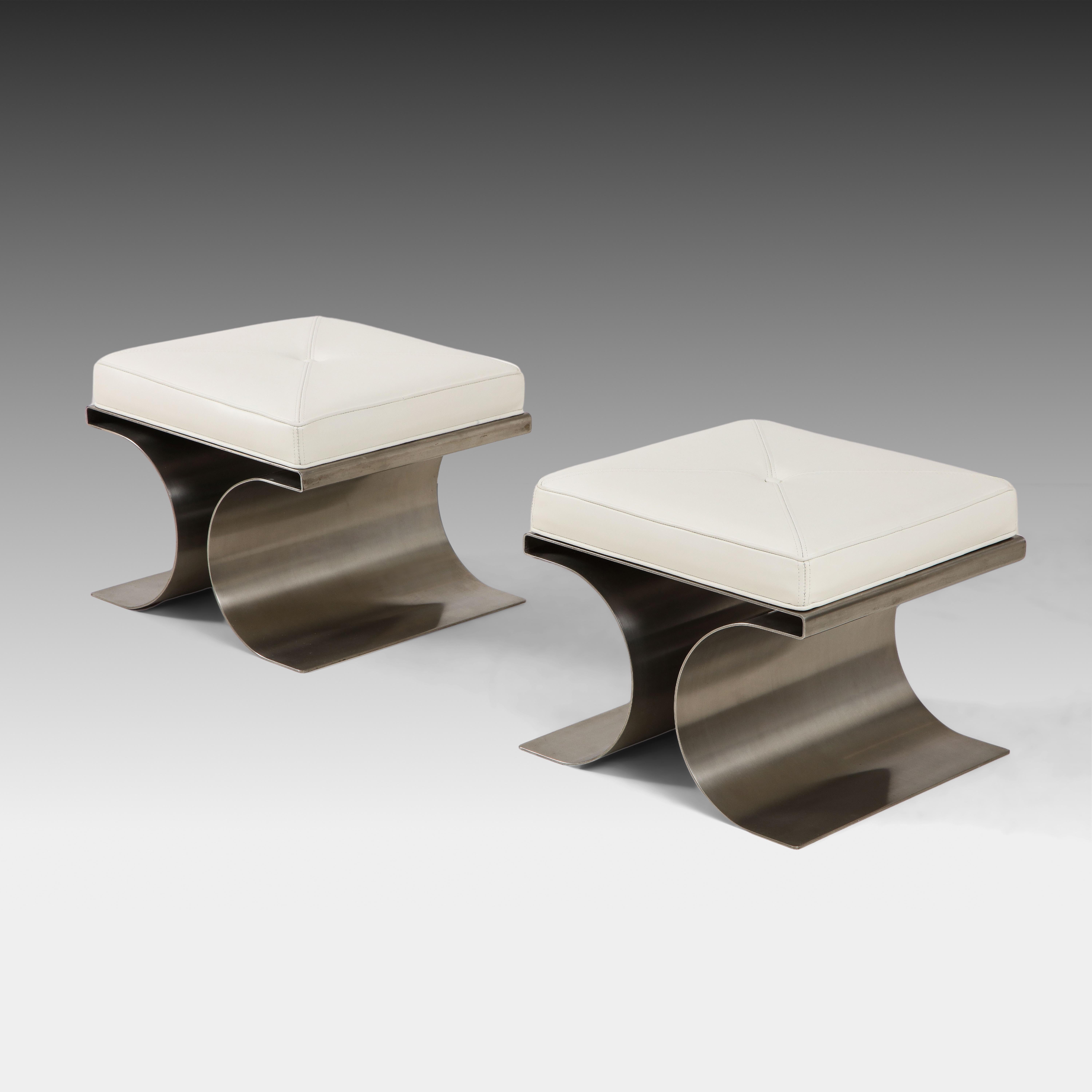 Michel Boyer rare pair of architectural 'X' stools or tabourets with stainless steel bases and white leather cushions with central button. These iconic stylish stools were produced by Editions Rouve, France, circa 1968.

Michel Boyer was an