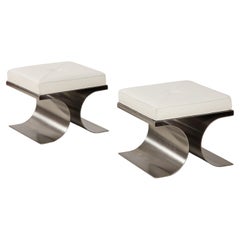 Michel Boyer for Rouve Rare Pair of "X" Stainless Steel and White Leather Stools