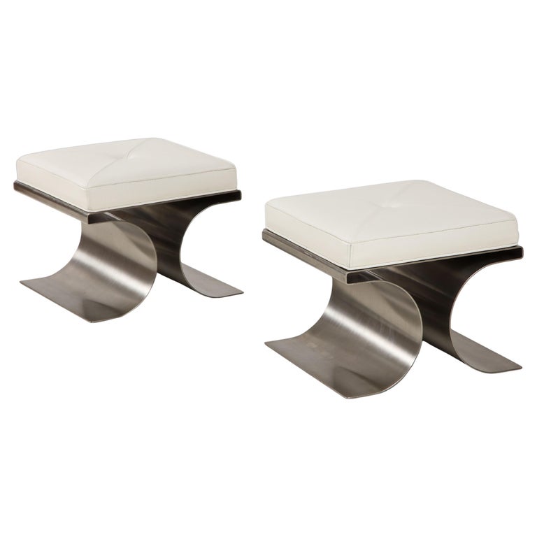 Michel Boyer for Rouve Rare Pair of "X" Stainless Steel and White Leather Stools For Sale