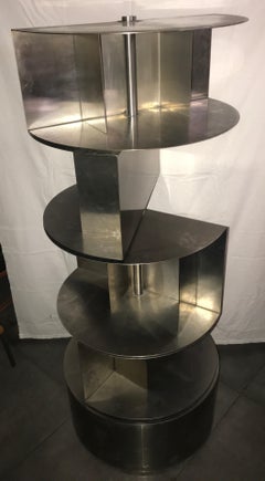 Michel Boyer Large Cylindrical Metal Cabinet, Three Rotating Shelves, 1970