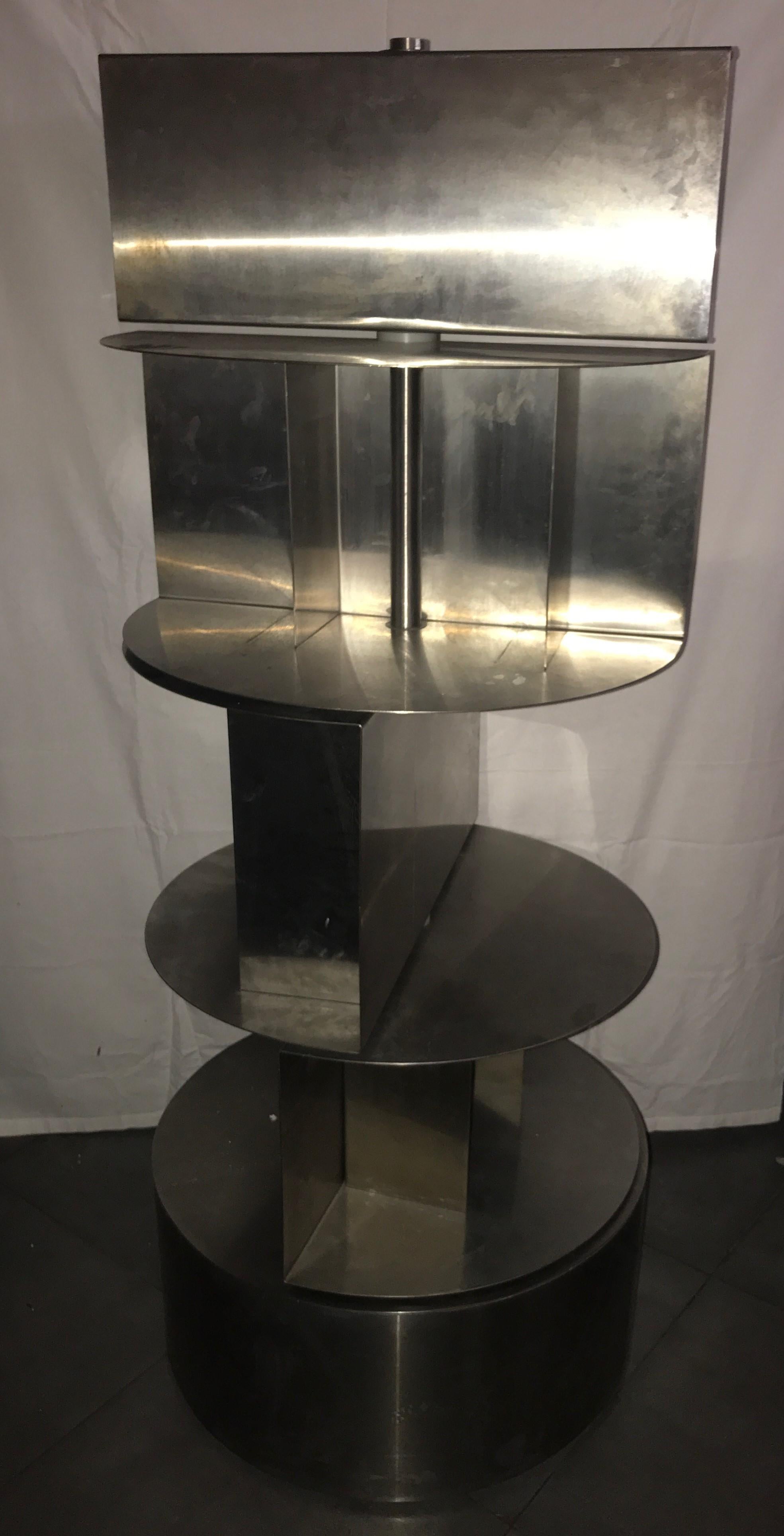 French Michel Boyer Large Cylindrical Metal Cabinet, Three Rotating Shelves, 1970 For Sale