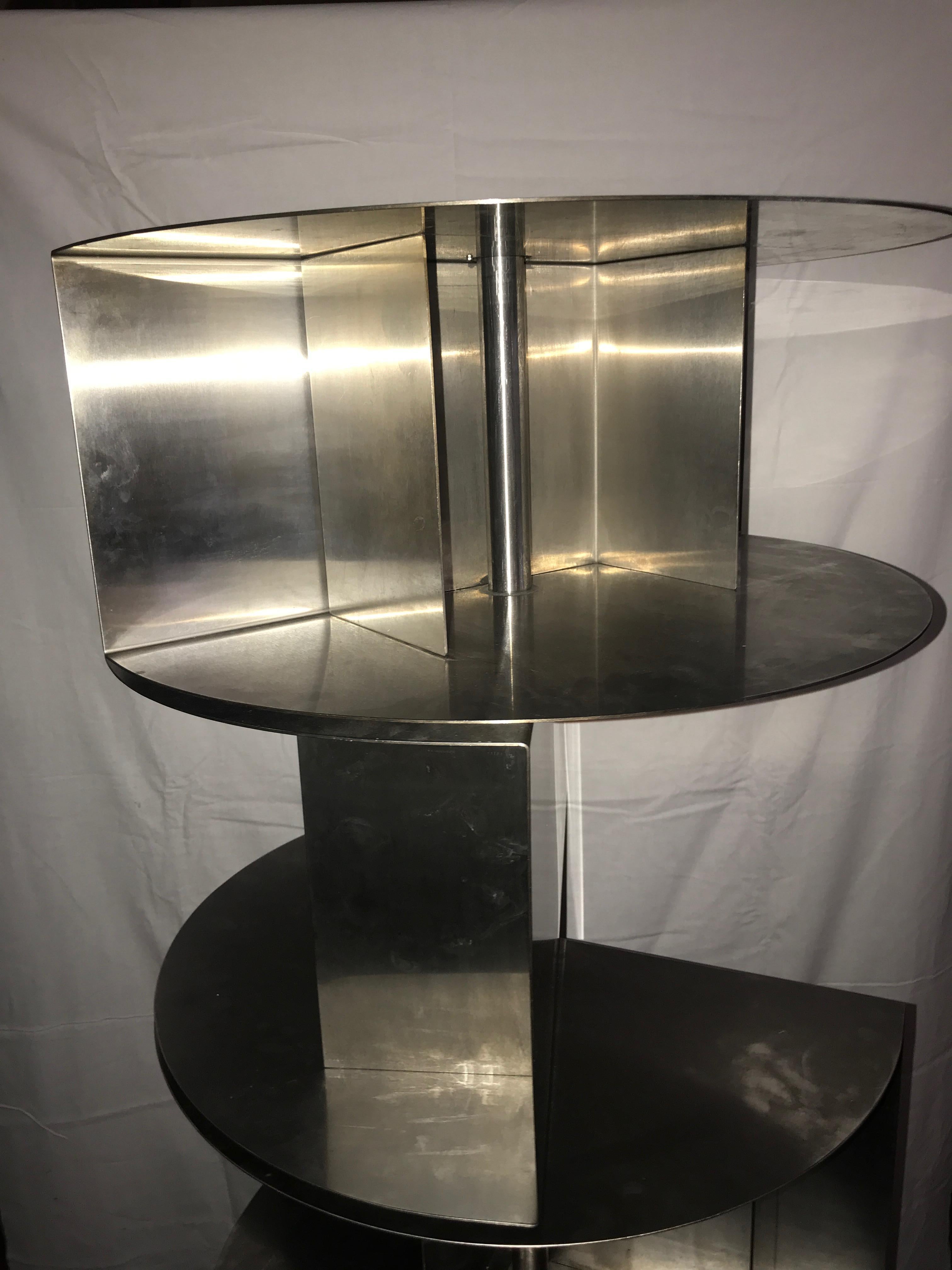 Michel Boyer Large Cylindrical Metal Cabinet, Three Rotating Shelves, 1970 For Sale 3