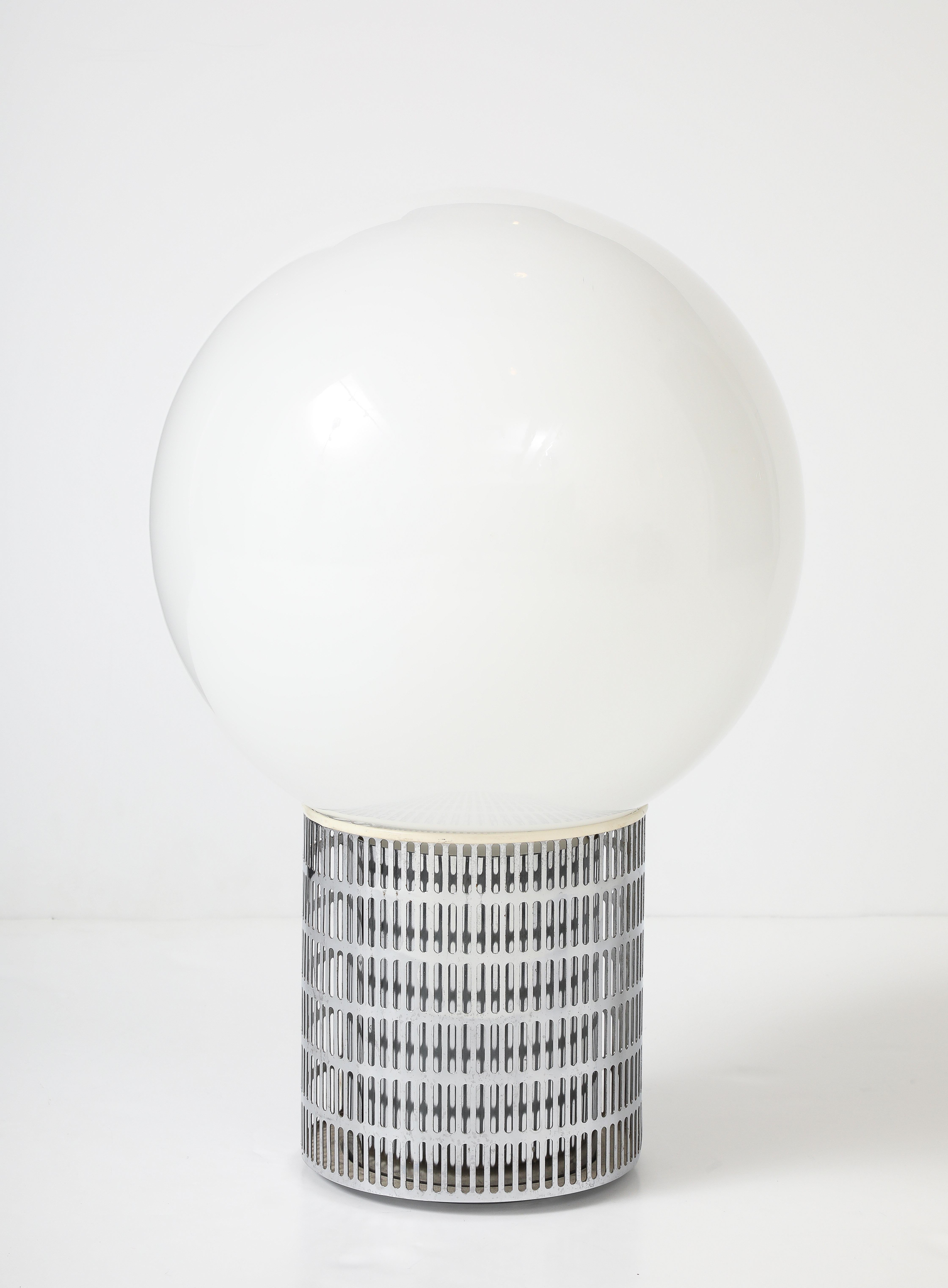 Michel Boyer 'Model 10525’ VERRE LUMIERE, Chrome Steel Opaline Globe Table Lamp In Good Condition For Sale In Brooklyn, NY