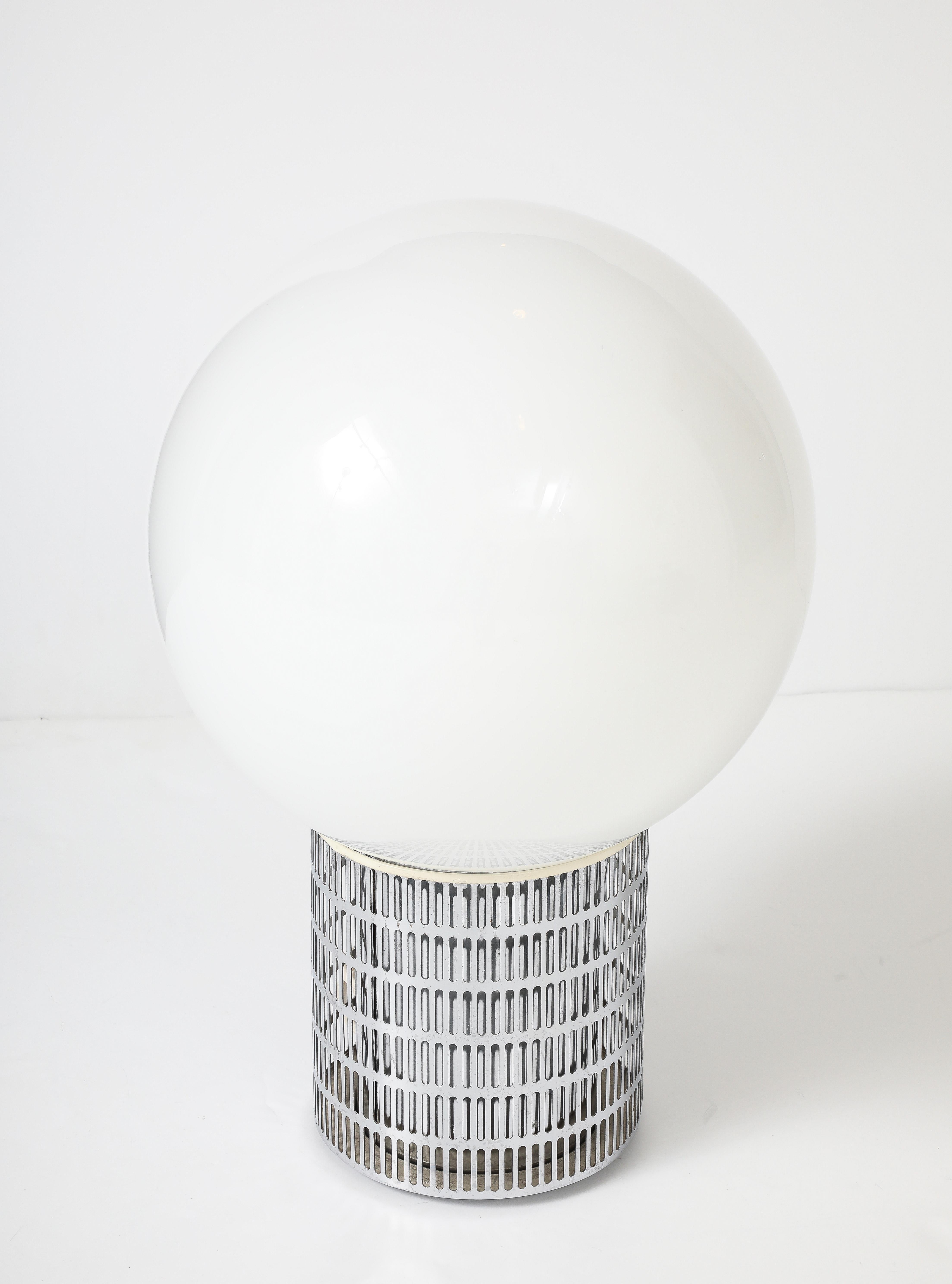 Cut Steel Michel Boyer 'Model 10525’ VERRE LUMIERE, Chrome Steel Opaline Globe Table Lamp For Sale