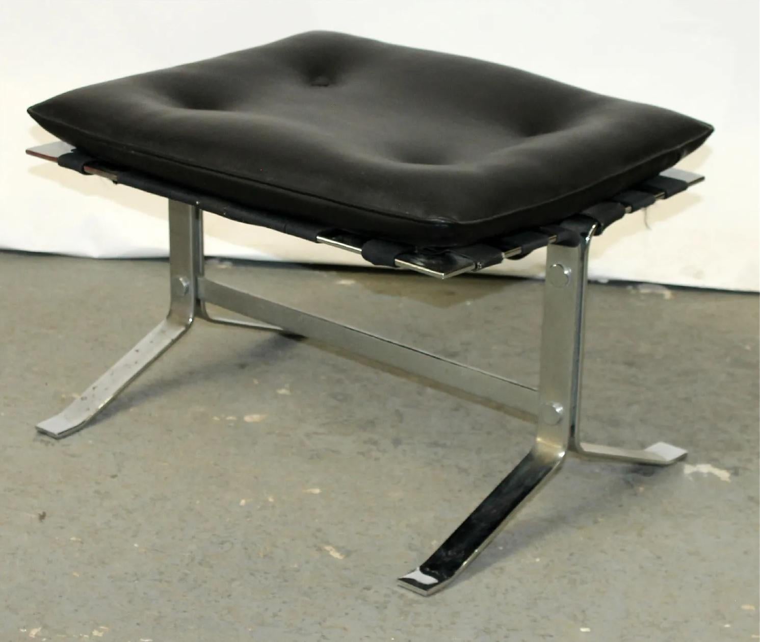 Mid-Century Modern Michel Boyer Style French Stainless Steel and Black Leather Footstool