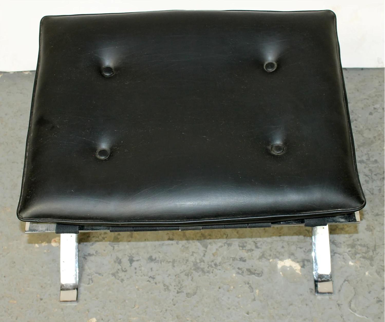 Michel Boyer Style French Stainless Steel and Black Leather Footstool In Good Condition In Chicago, IL