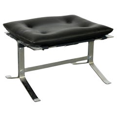 Michel Boyer Style French Stainless Steel and Black Leather Footstool