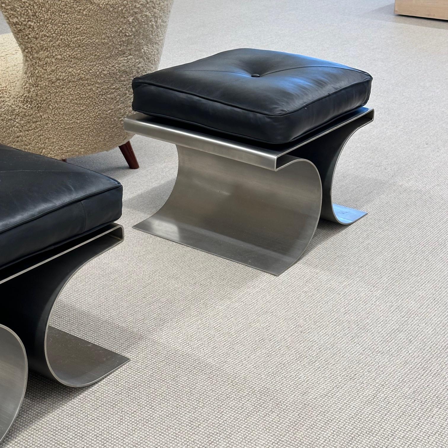 Michel Boyer Style Mid-Century Modern Footstools, Stainless Steel, Black Leather In Good Condition For Sale In Stamford, CT