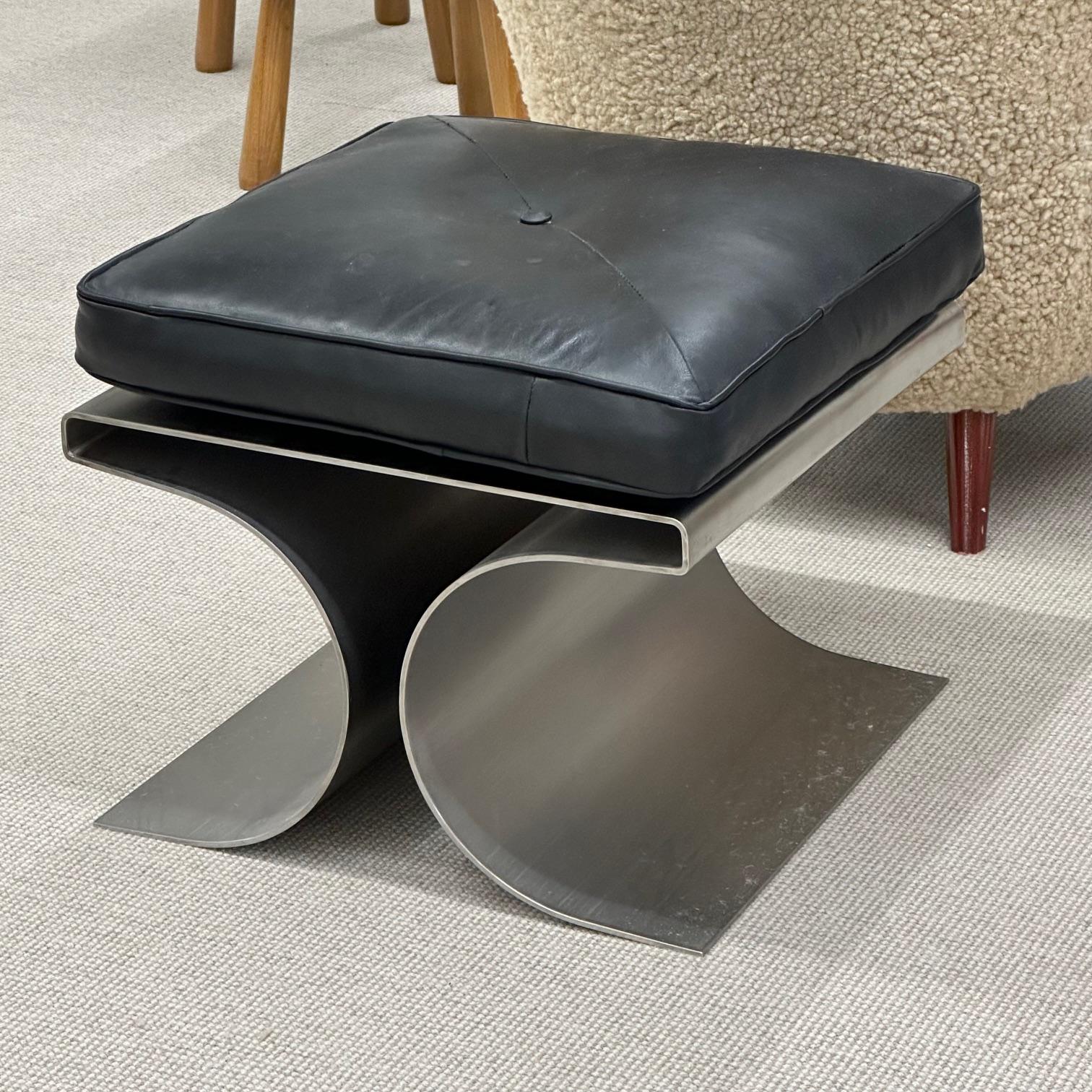 Cut Steel Michel Boyer Style Mid-Century Modern Footstools, Stainless Steel, Black Leather For Sale