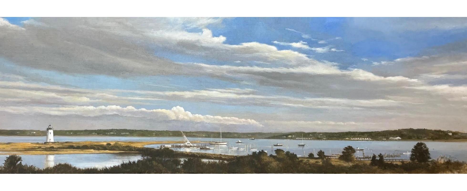 Michel Brosseau Landscape Painting - "Afternoon on the Bay" oil painting of Edgartown Harbor with clouds, lighthouse