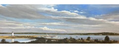 "Afternoon on the Bay" oil painting of Edgartown Harbor with clouds, lighthouse
