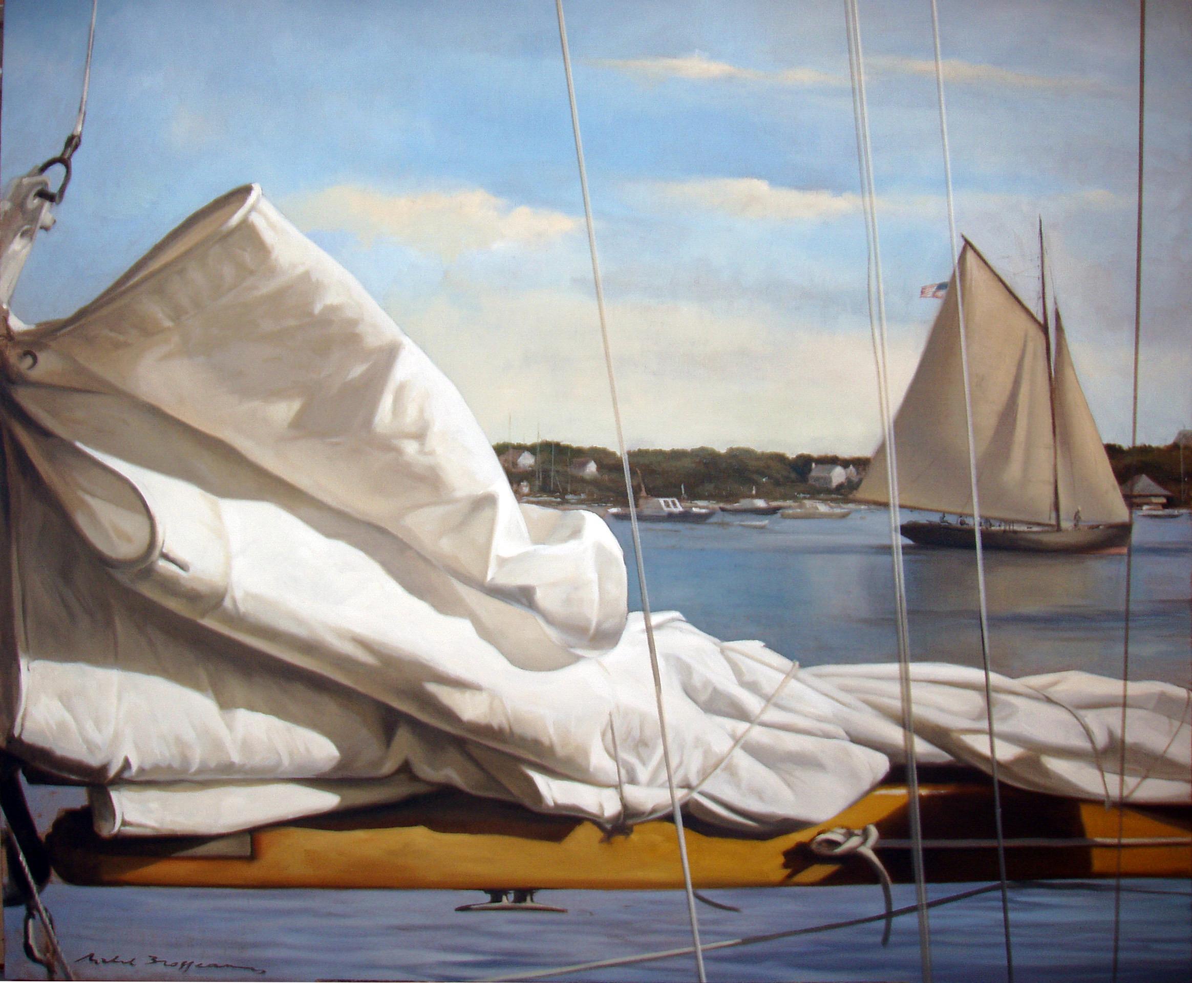 Michel Brosseau Still-Life Painting - "Alabama Looking On" a photorealist oil painting, shore horizon with sailboats