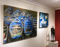 "All Tied Up" Blue Wooden Rowboats Tied at Dock, Painted on Linen