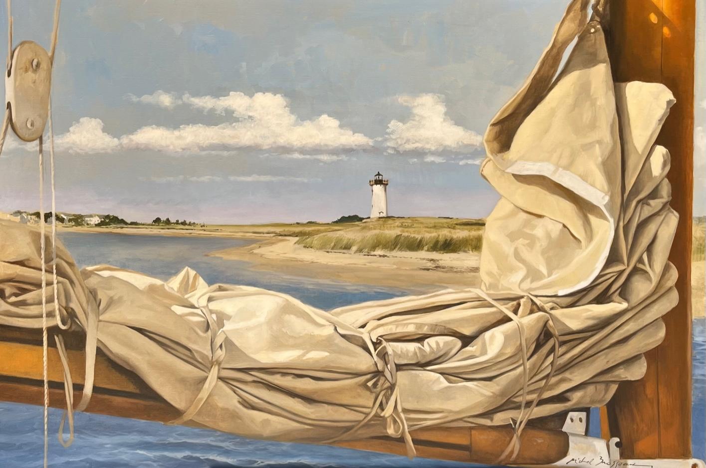 Michel Brosseau Still-Life Painting - "At Rest in the Harbor" oil painting of a folded sail with lighthouse and beach