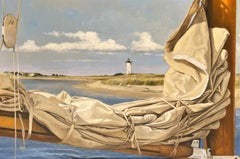 "At Rest in the Harbor" oil painting of a folded sail with lighthouse and beach