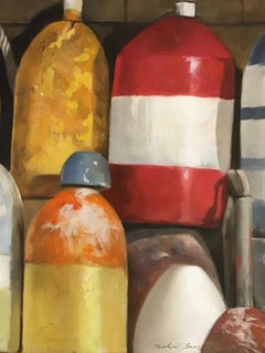 "Autumn Buoys" photorealistic oil painting of red, yellow and white buoys