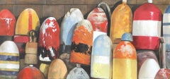 "Autumn Buoys" photorealistic oil painting of red, yellow and white buoys